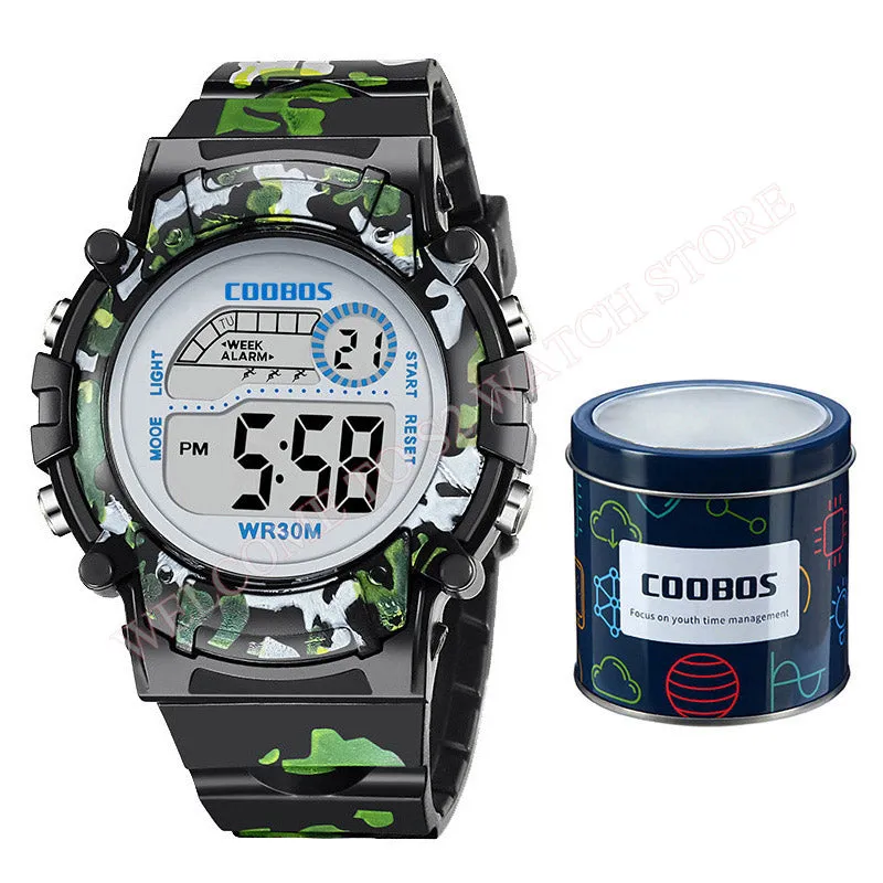 Navy Blue Camouflage Kids Watches LED Colorful Flash Digital Waterproof Alarm For Boys Girls Date Week Creative Children's Clock