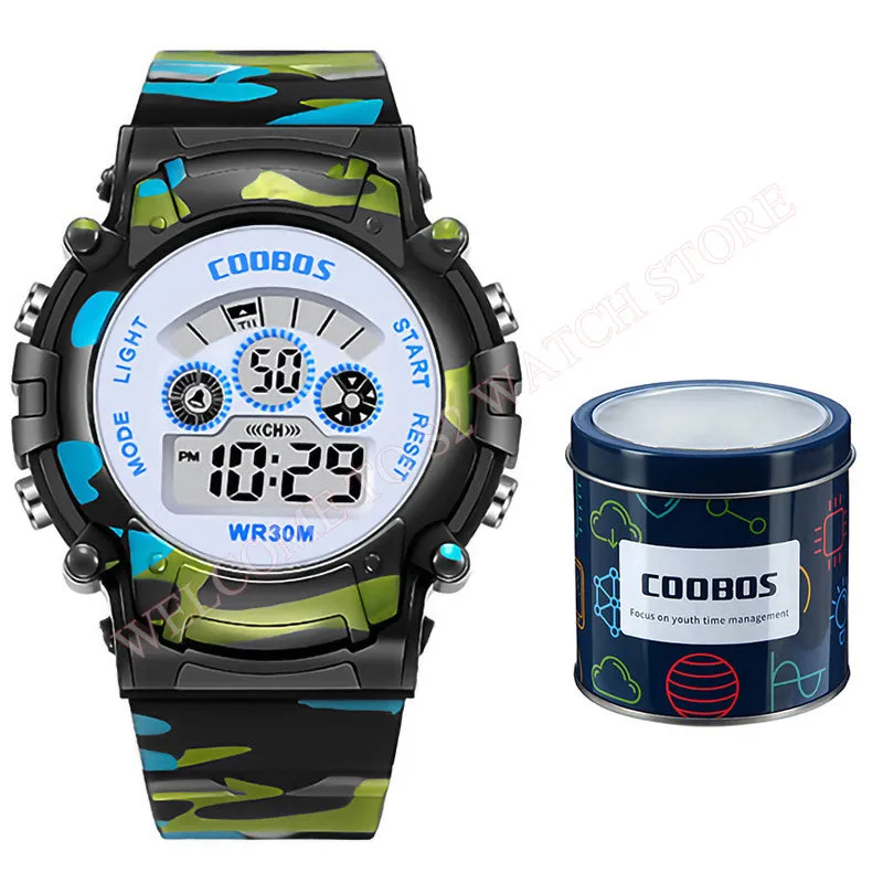 Navy Blue Camouflage Kids Watches LED Colorful Flash Digital Waterproof Alarm For Boys Girls Date Week Creative Children's Clock