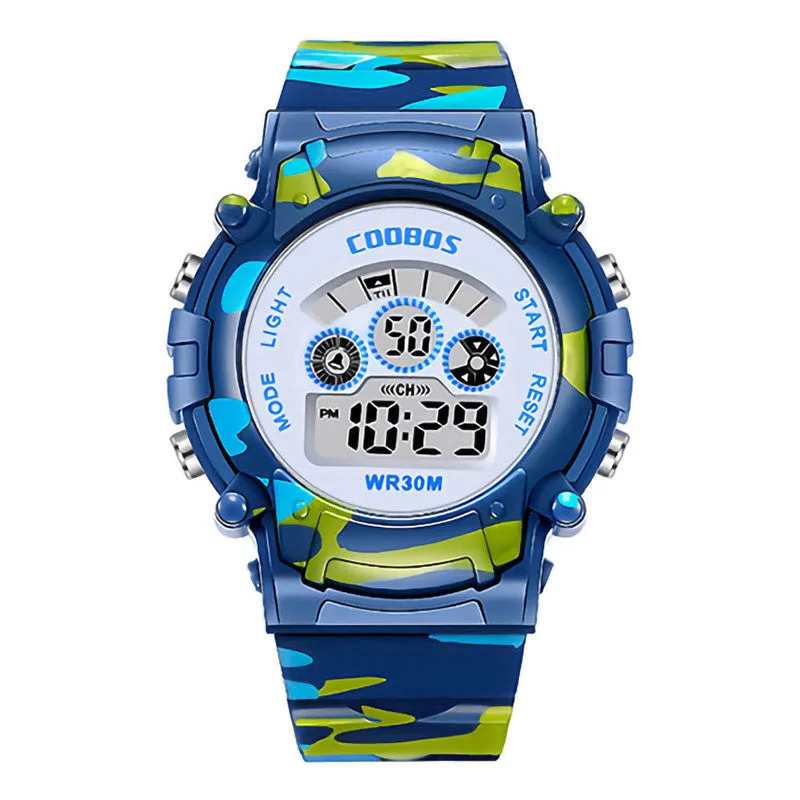 Navy Blue Camouflage Kids Watches LED Colorful Flash Digital Waterproof Alarm For Boys Girls Date Week Creative Children's Clock