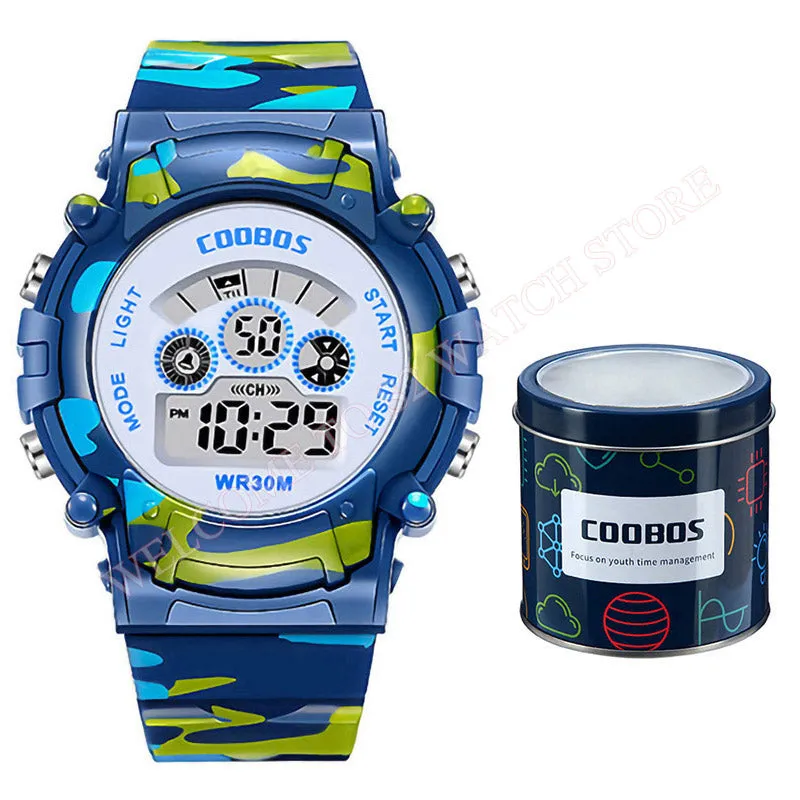 Navy Blue Camouflage Kids Watches LED Colorful Flash Digital Waterproof Alarm For Boys Girls Date Week Creative Children's Clock