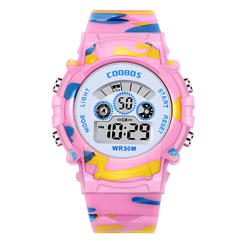 Navy Blue Camouflage Kids Watches LED Colorful Flash Digital Waterproof Alarm For Boys Girls Date Week Creative Children's Clock