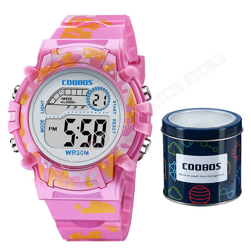 Navy Blue Camouflage Kids Watches LED Colorful Flash Digital Waterproof Alarm For Boys Girls Date Week Creative Children's Clock