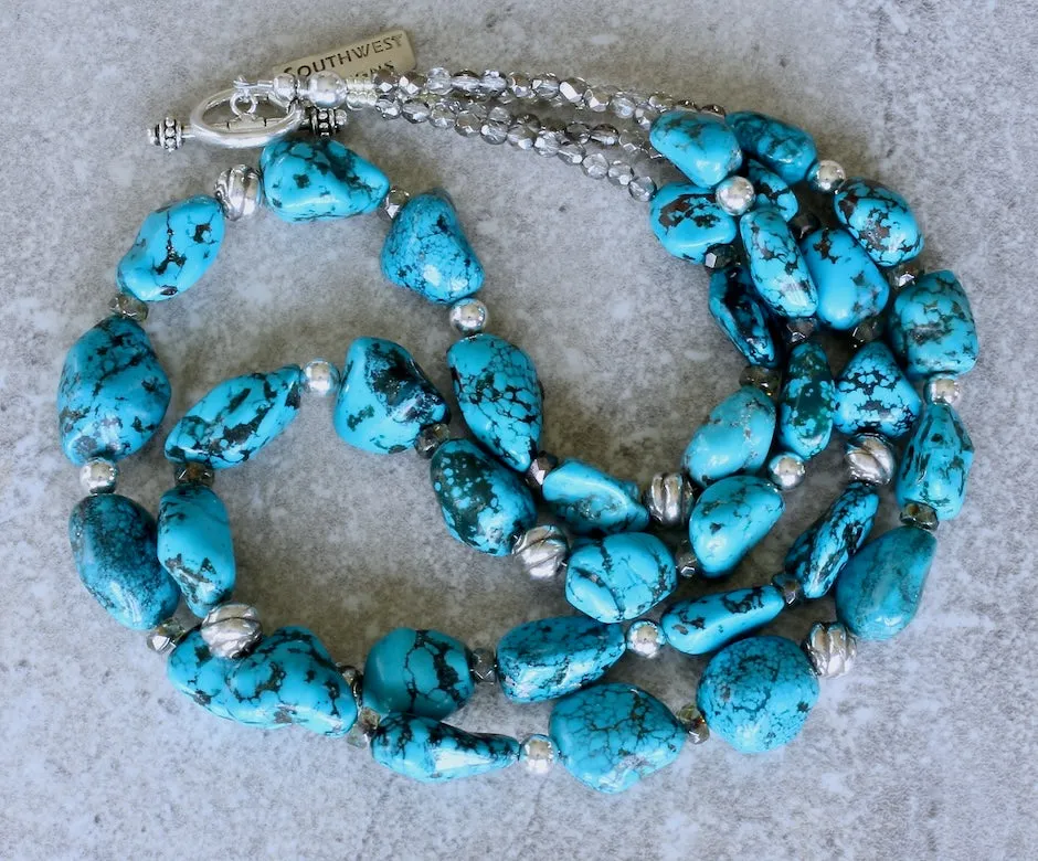 Nevada Blue Gem Turquoise Nugget 2-Strand Necklace with Czech Glass and Sterling Silver Beads & Toggle Clasp