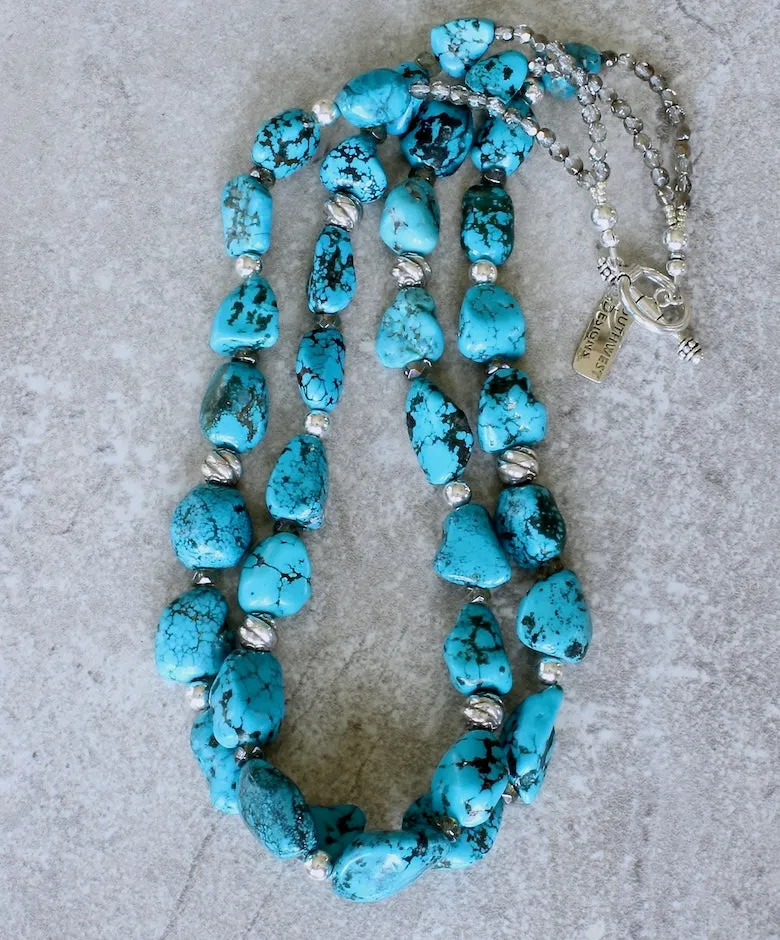 Nevada Blue Gem Turquoise Nugget 2-Strand Necklace with Czech Glass and Sterling Silver Beads & Toggle Clasp