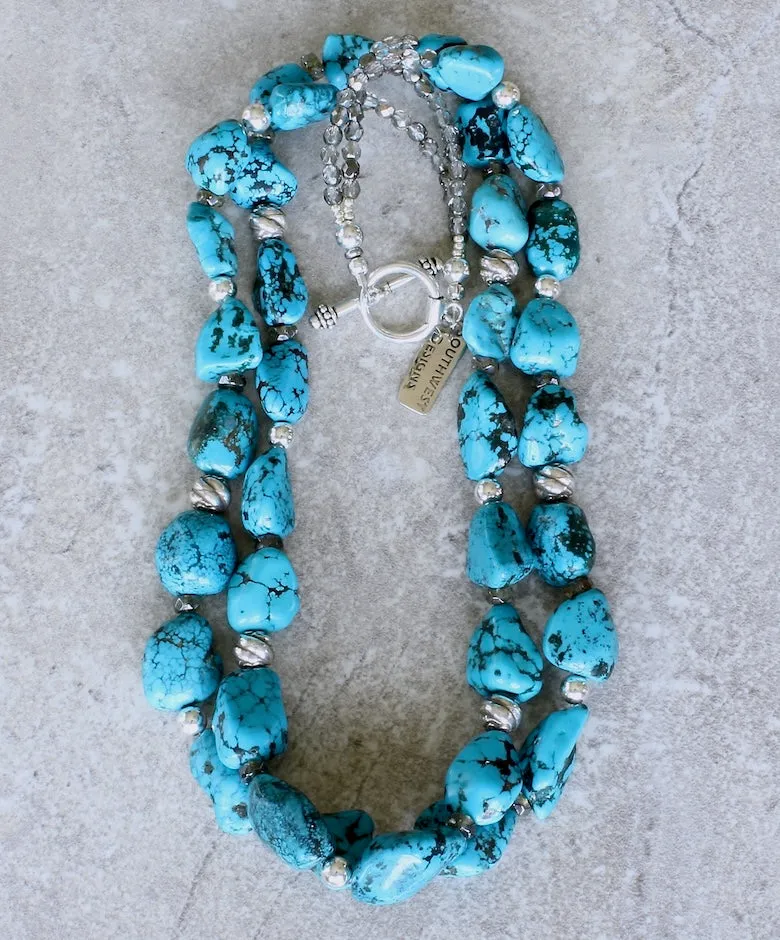 Nevada Blue Gem Turquoise Nugget 2-Strand Necklace with Czech Glass and Sterling Silver Beads & Toggle Clasp