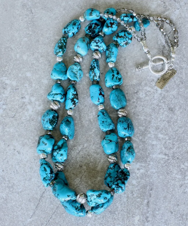 Nevada Blue Gem Turquoise Nugget 2-Strand Necklace with Czech Glass and Sterling Silver Beads & Toggle Clasp