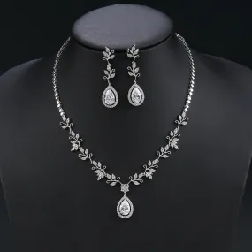 New Design Leaf  and Water Drops Necklace For Women Wedding Luxury Dubai Bridal White Zirconia Jewelry Set CN11175