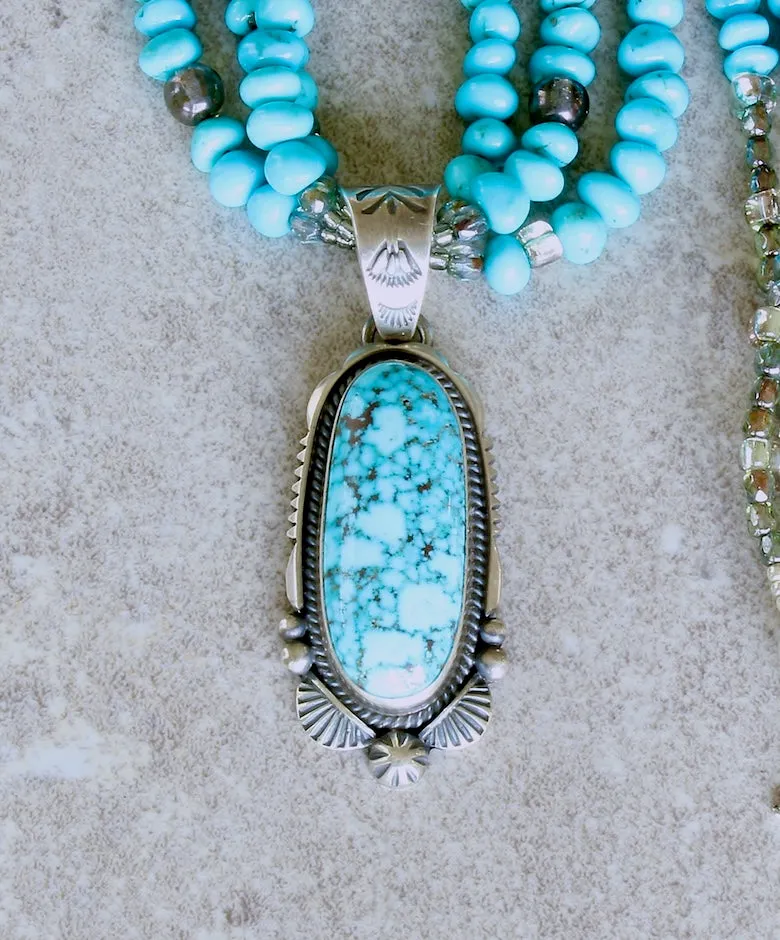 Nila Cook Johnson Turquoise and Sterling Silver Oval Pendant with 3 Strands of Arizona Turquoise, Czech Glass and a Sterling Silver Toggle Clasp