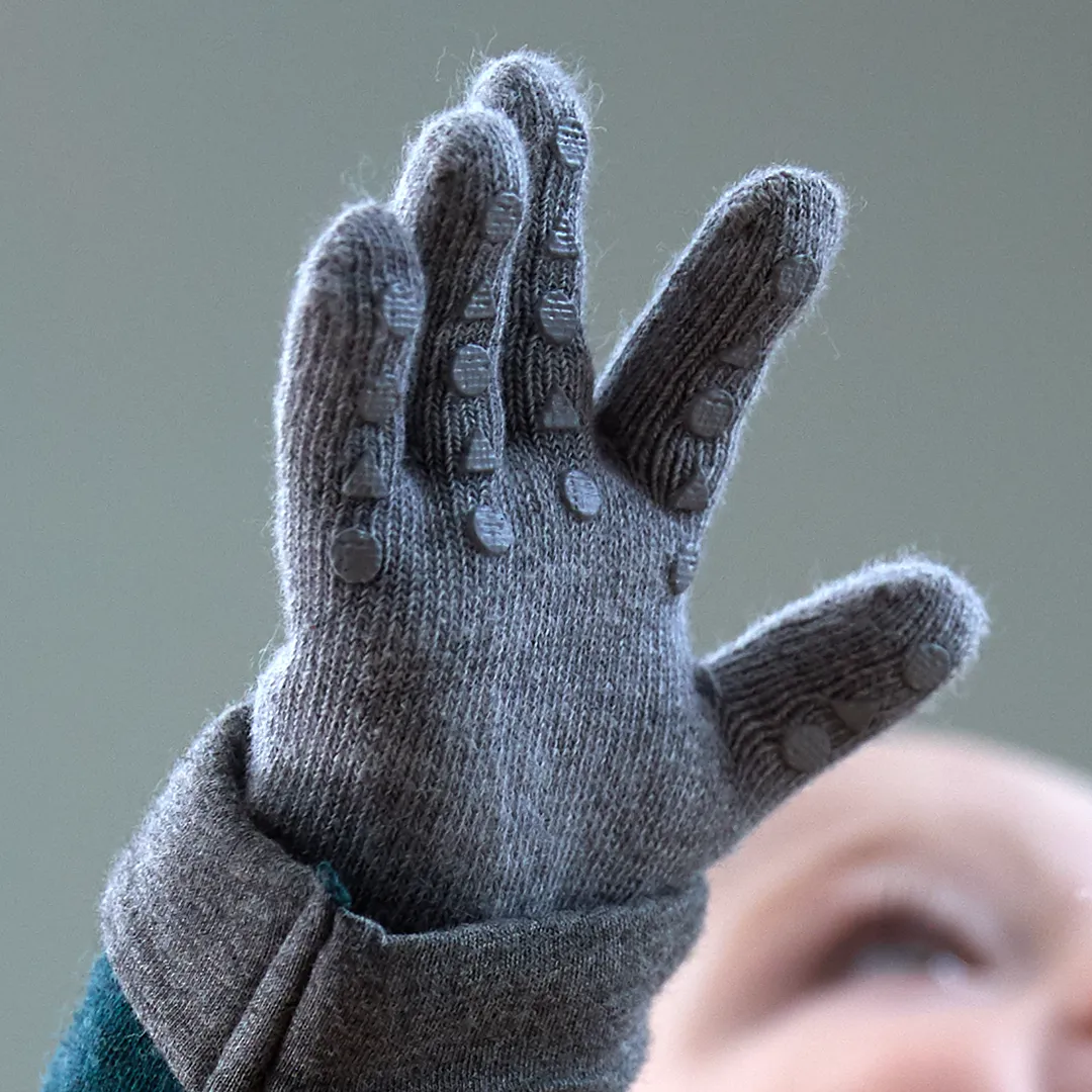 Non-Slip Grip Gloves for Babies and Toddlers - Merino wool- Brown Melange