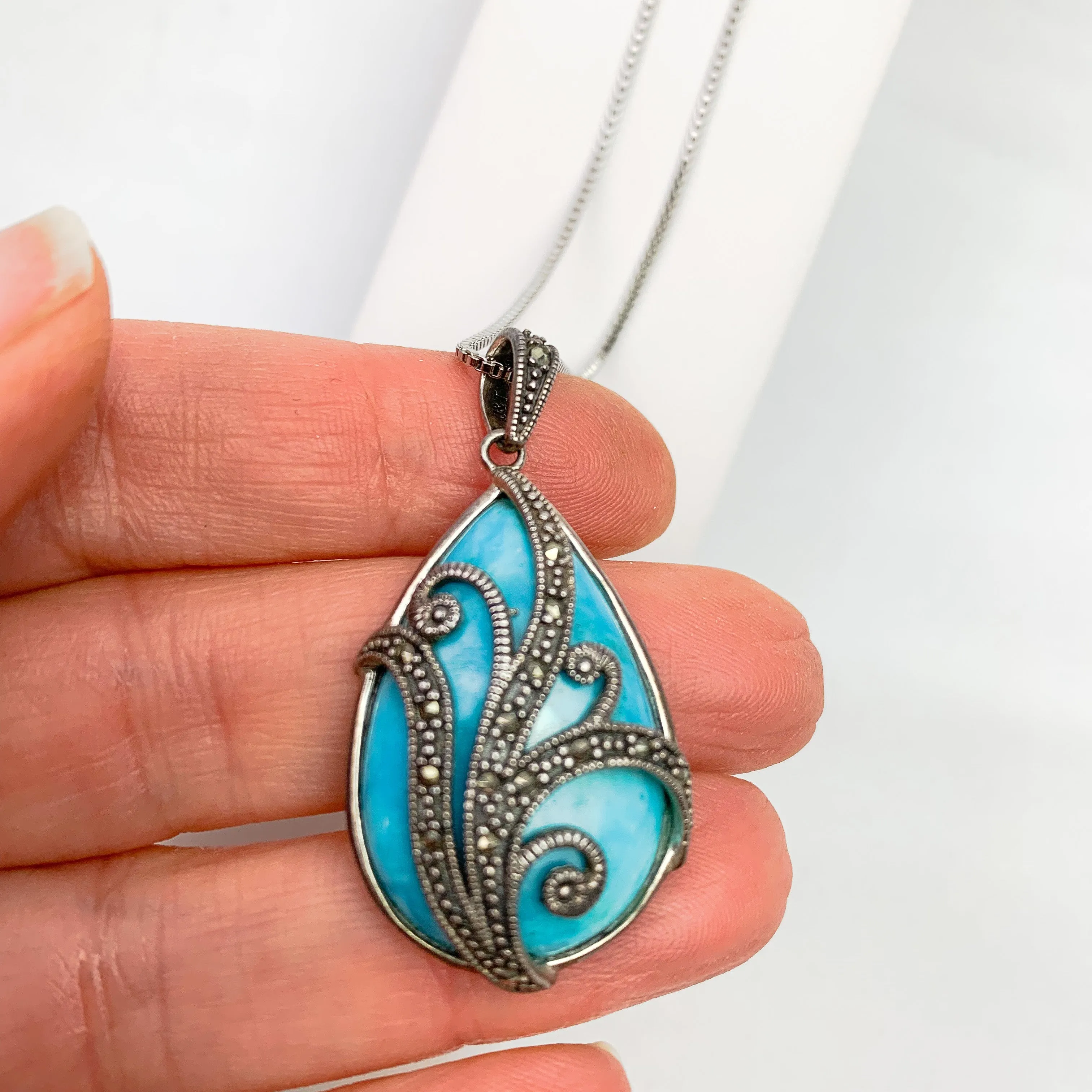 Ocean Breeze Pendant Necklace: Turquoise & Marcasite Elegance