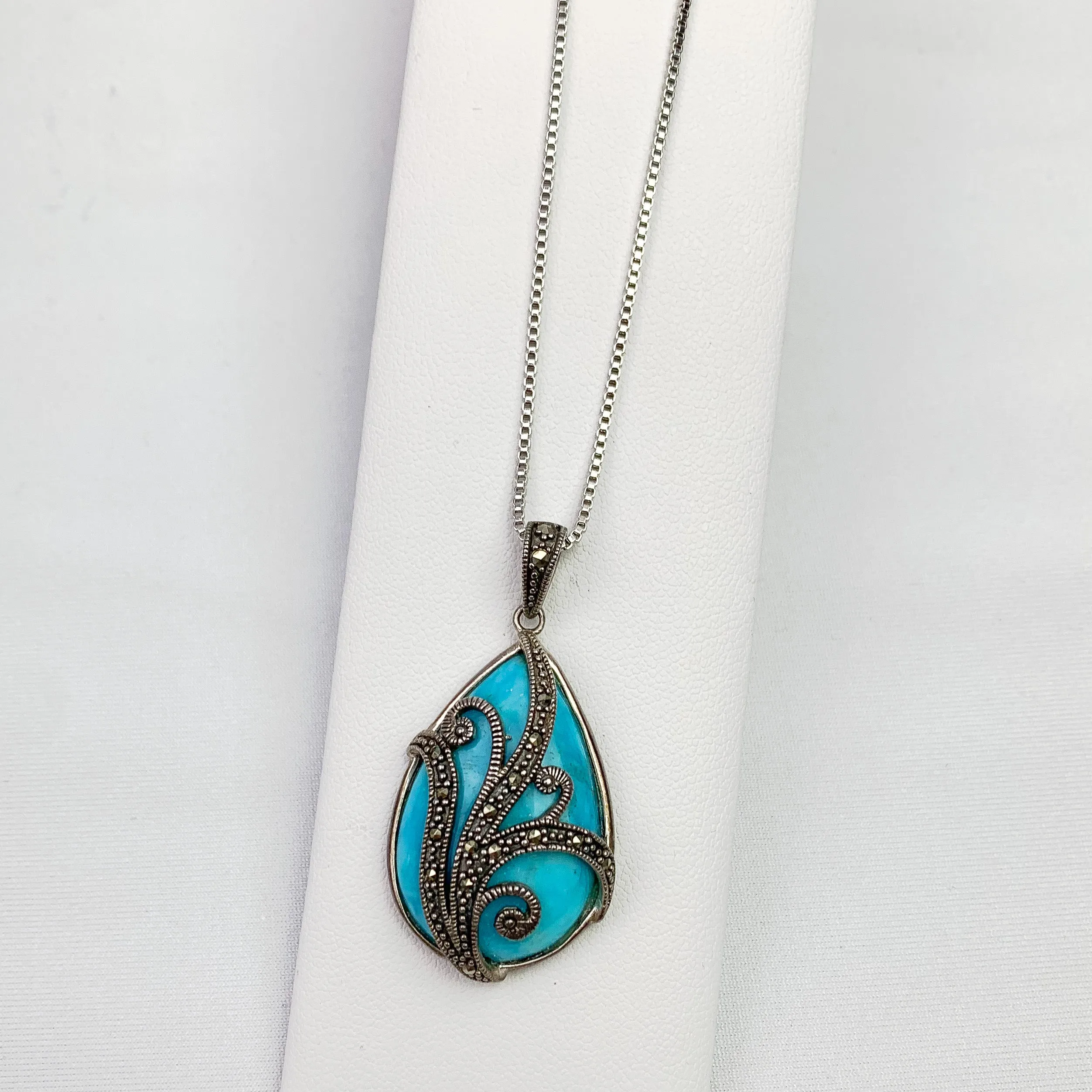 Ocean Breeze Pendant Necklace: Turquoise & Marcasite Elegance