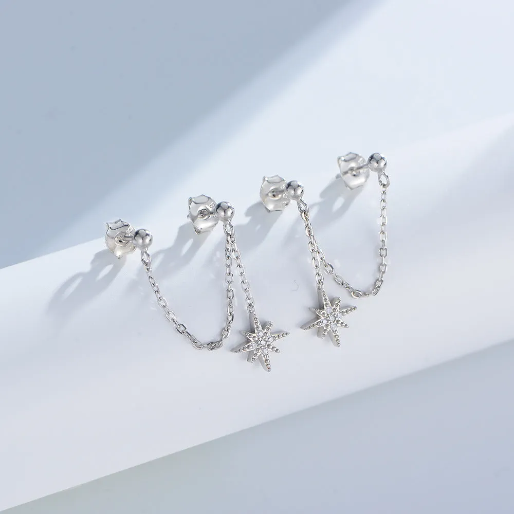 Octagonal Star Double Pierced Silver Chain Earrings for Women