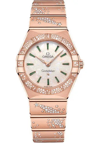 Omega Constellation Quartz - 28 mm Sedna Gold Case - Diamond Bezel - White Opal Emerald Dial - 131.55.28.60.99.004