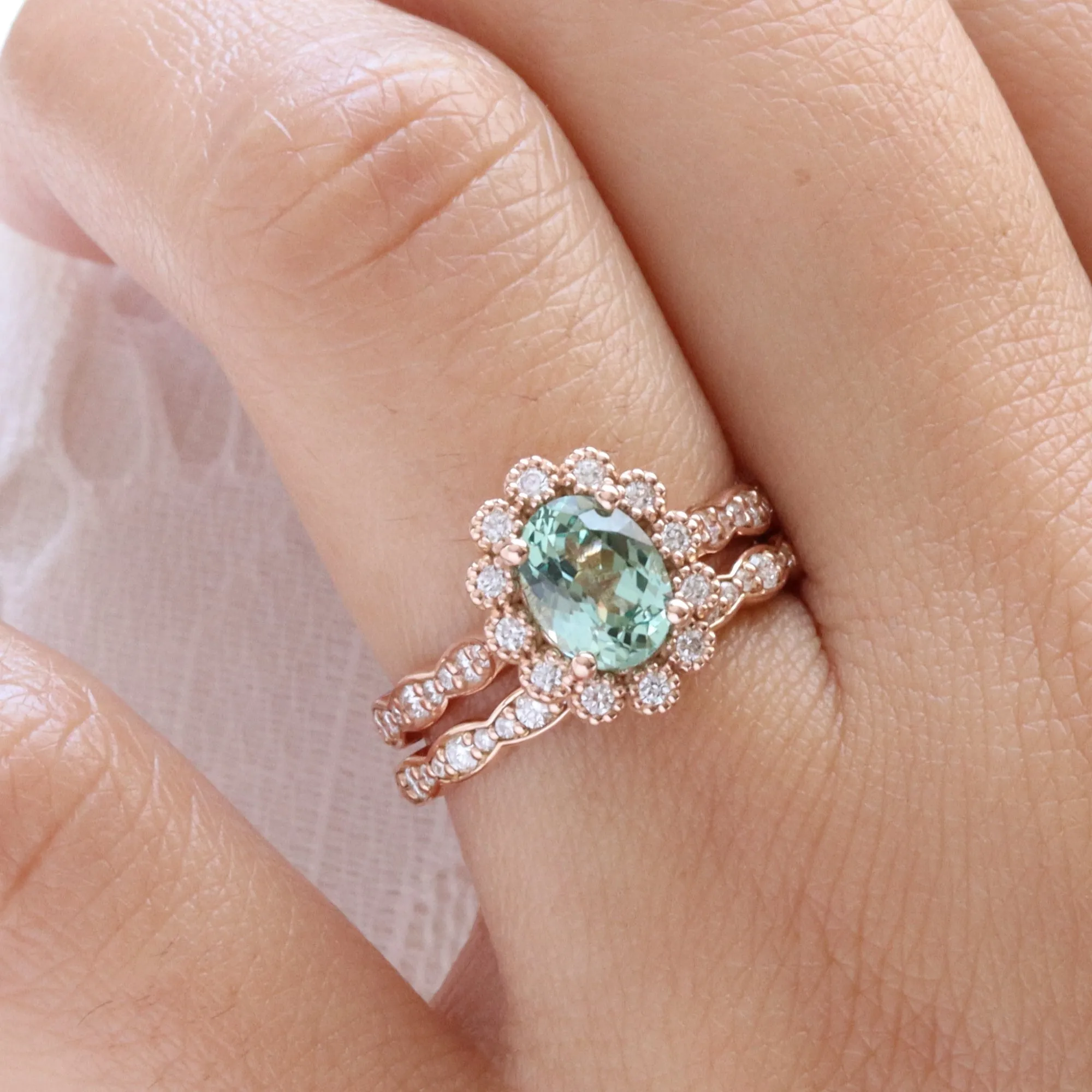 Oval Green Sapphire Ring Bridal Set w/ Matching Diamond Band in Vintage Luna Halo