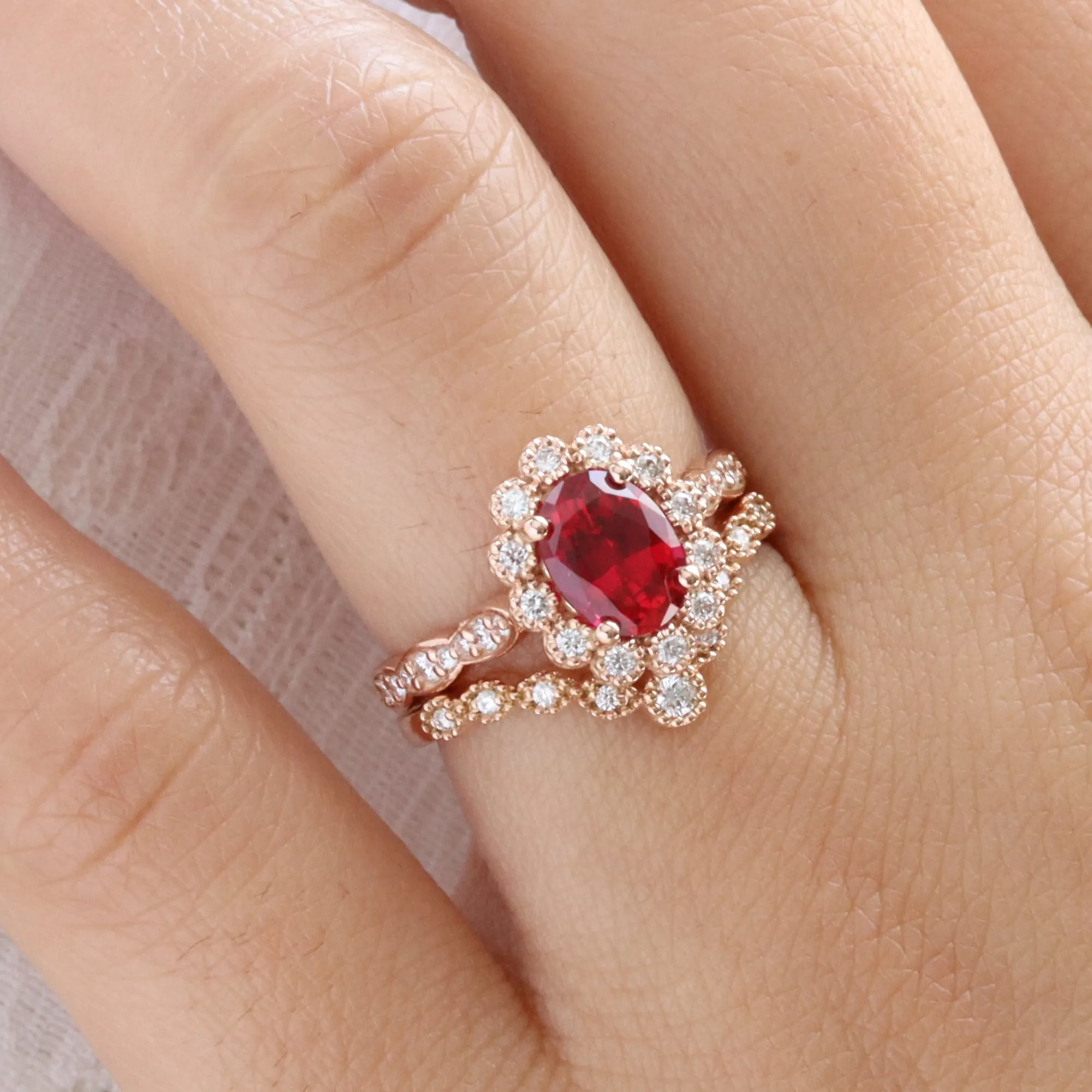 Oval Ruby Engagement Ring in Vintage Luna Halo Diamond Ring