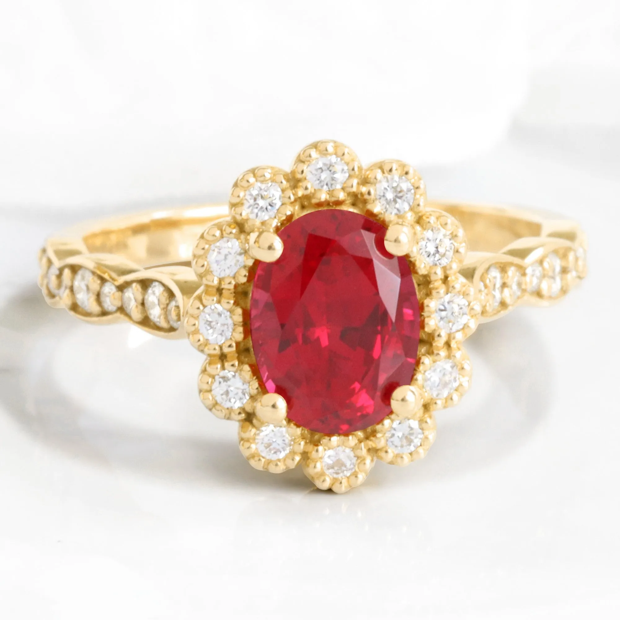 Oval Ruby Engagement Ring in Vintage Luna Halo Diamond Ring