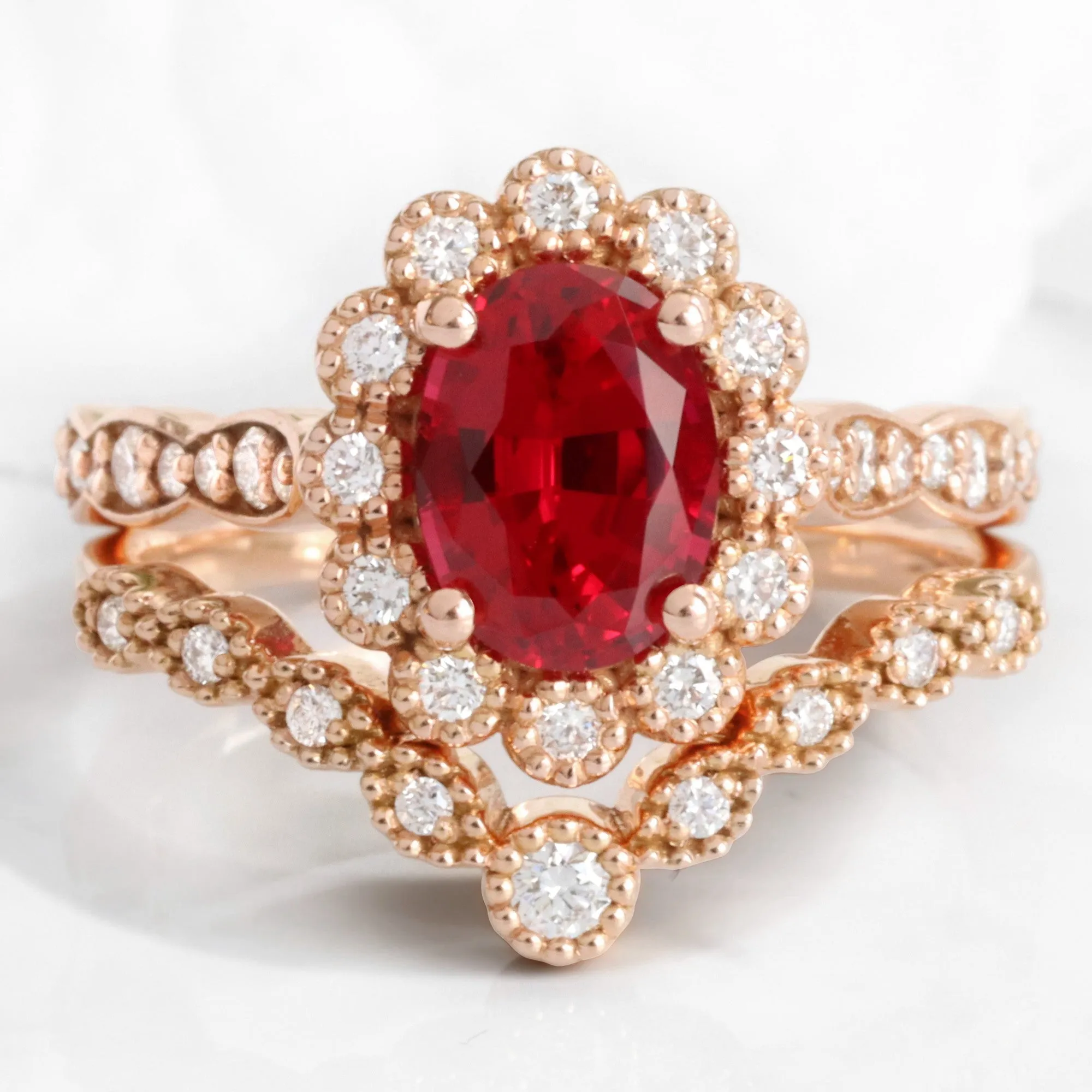 Oval Ruby Engagement Ring in Vintage Luna Halo Diamond Ring