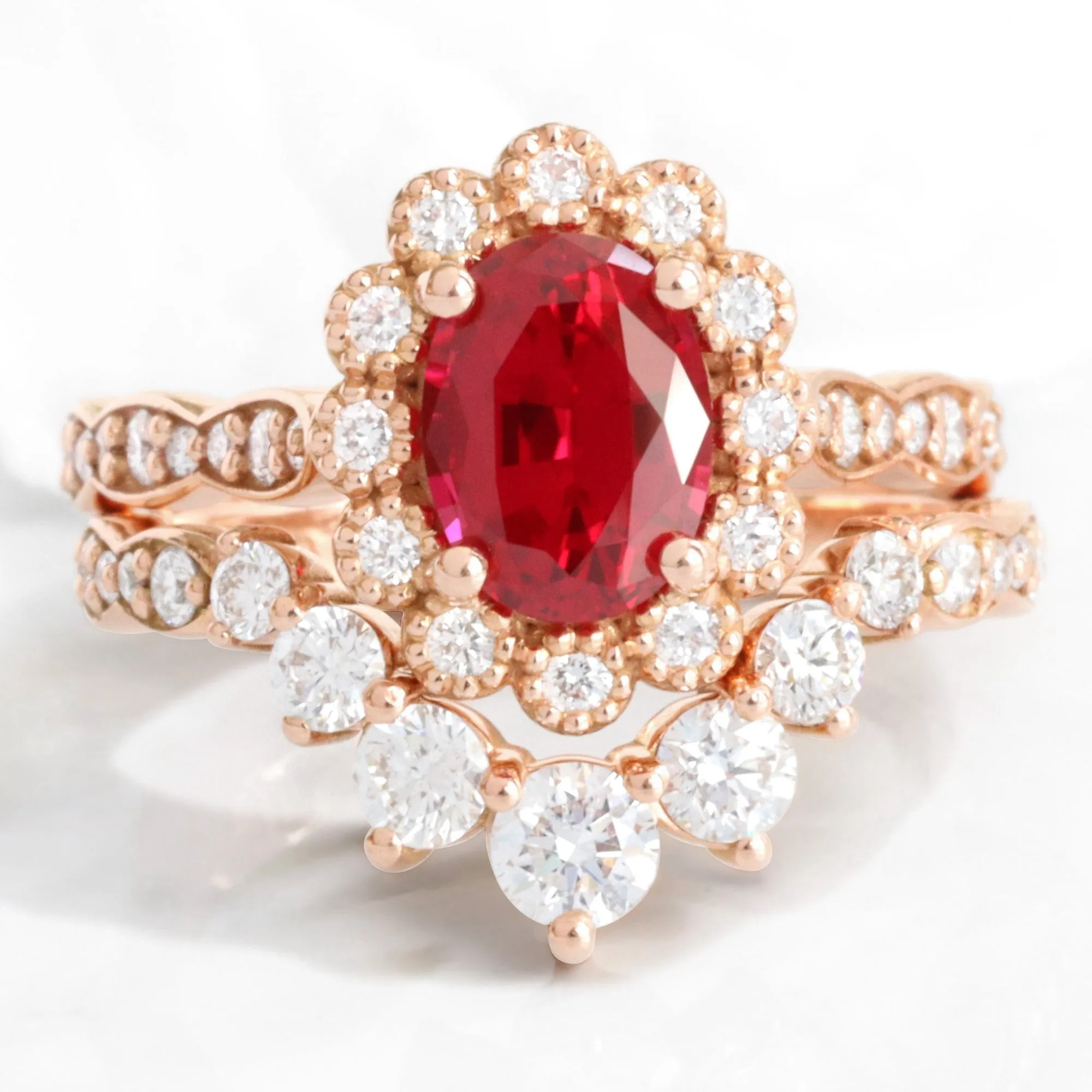 Oval Ruby Engagement Ring in Vintage Luna Halo Diamond Ring