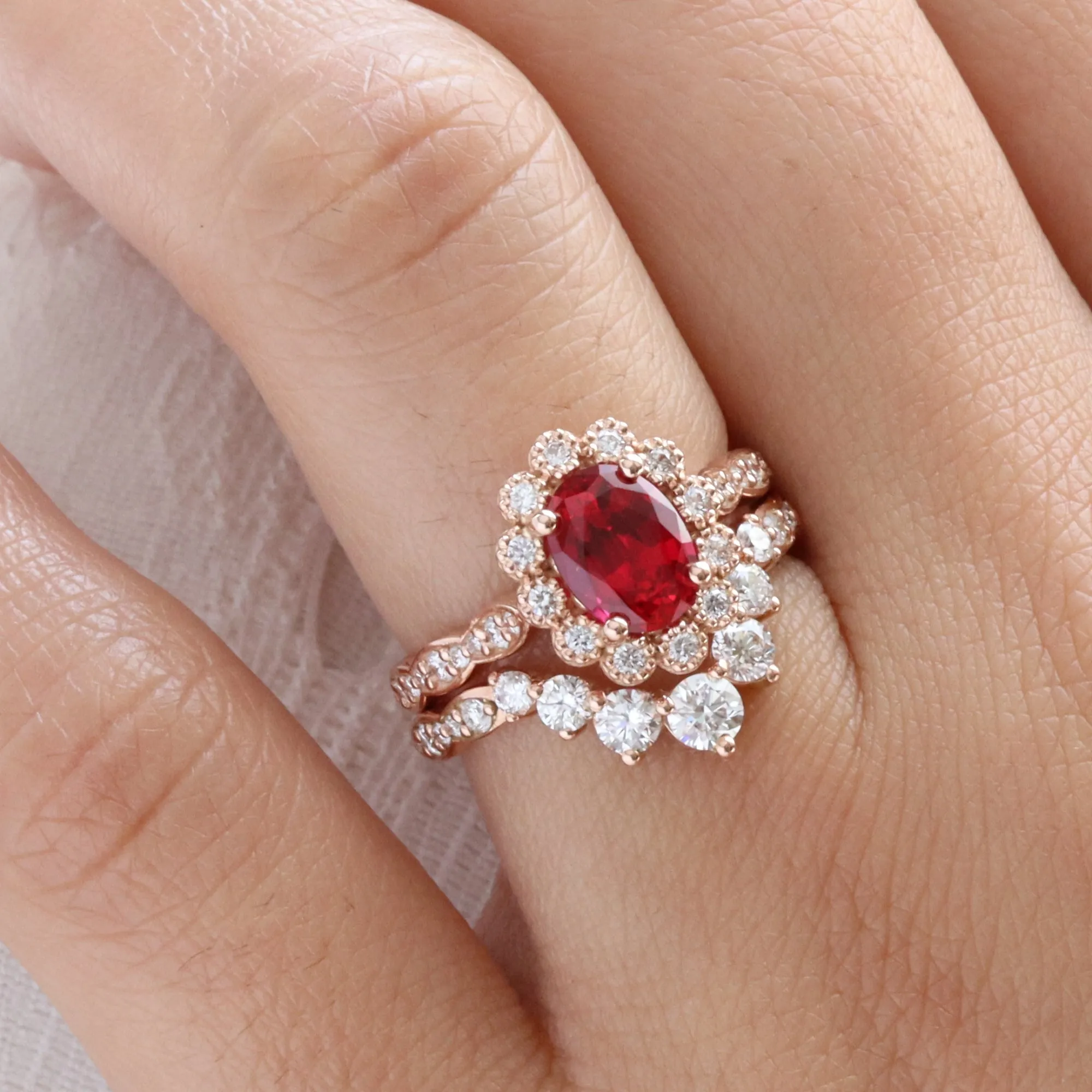 Oval Ruby Engagement Ring in Vintage Luna Halo Diamond Ring