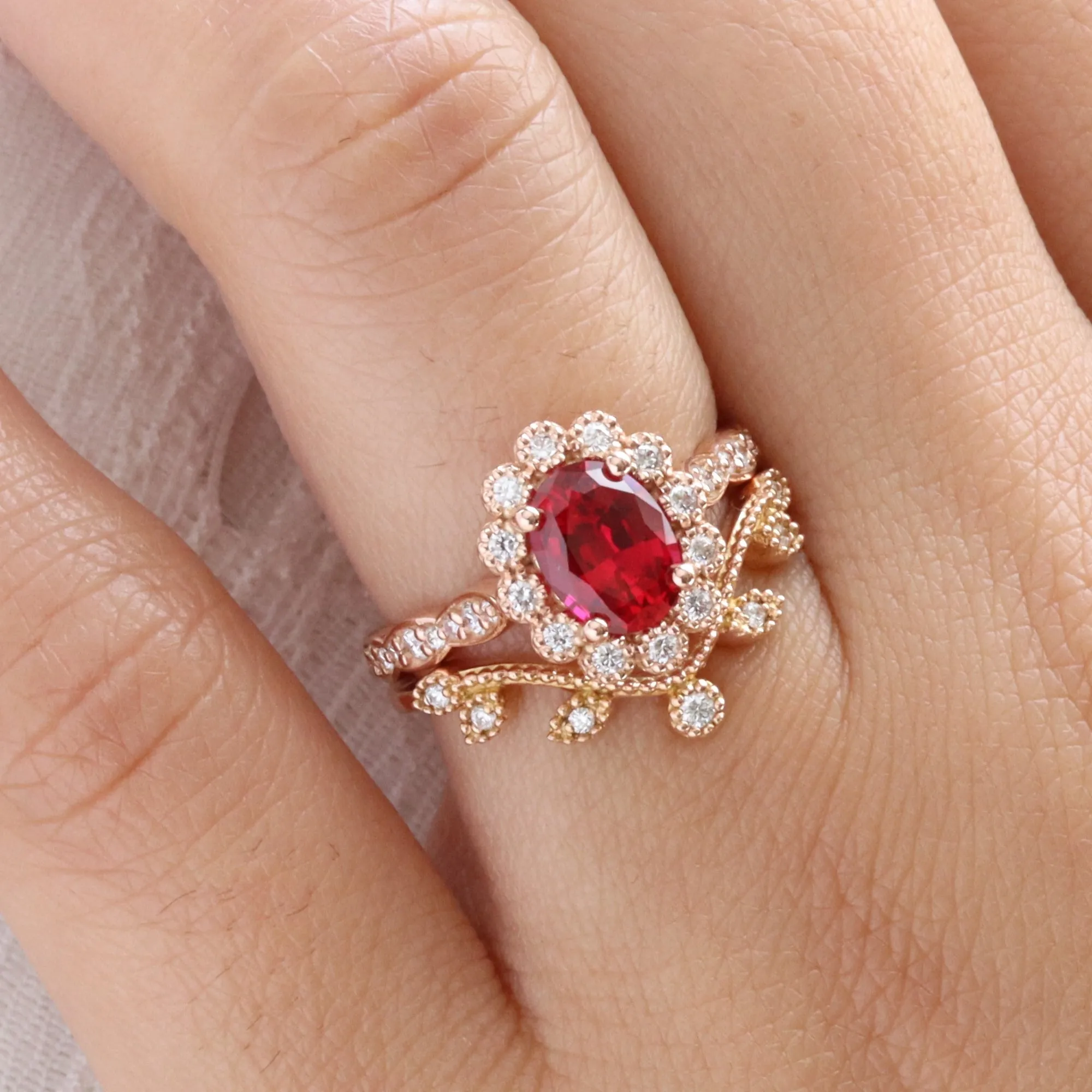 Oval Ruby Engagement Ring in Vintage Luna Halo Diamond Ring