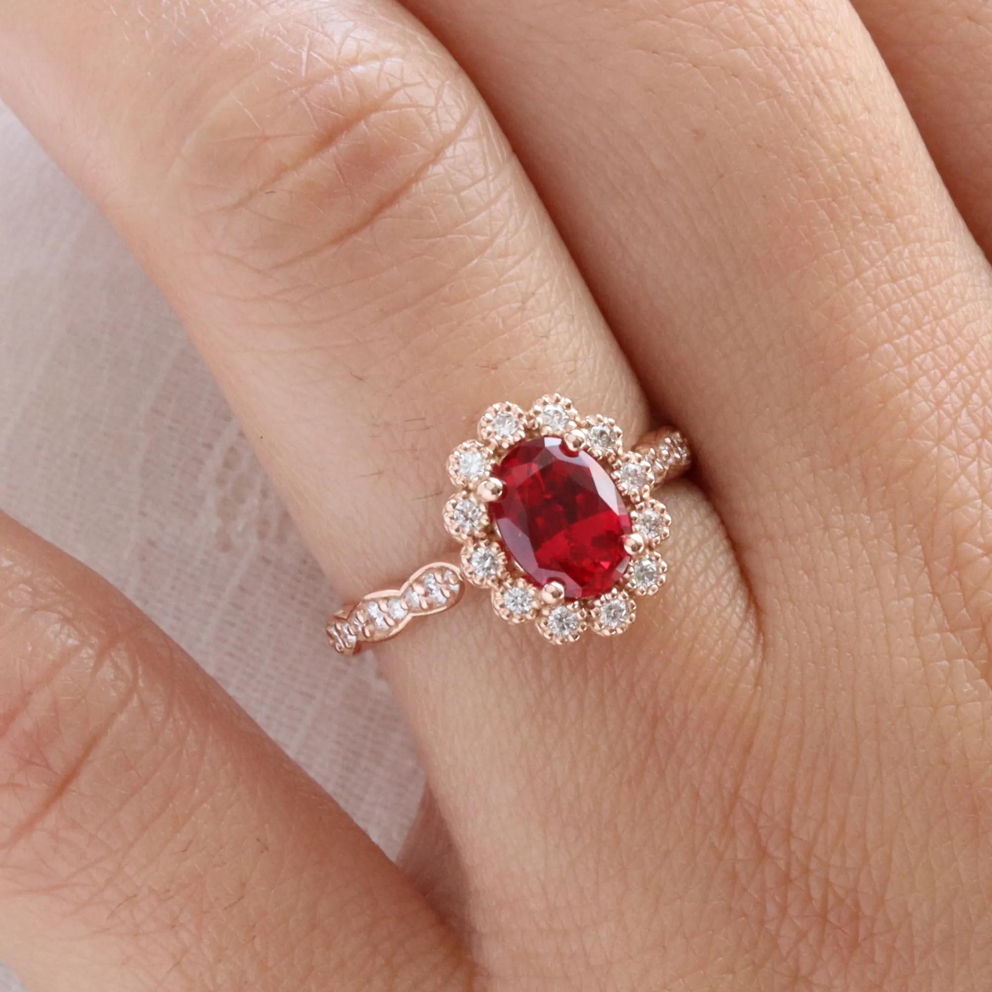 Oval Ruby Engagement Ring in Vintage Luna Halo Diamond Ring