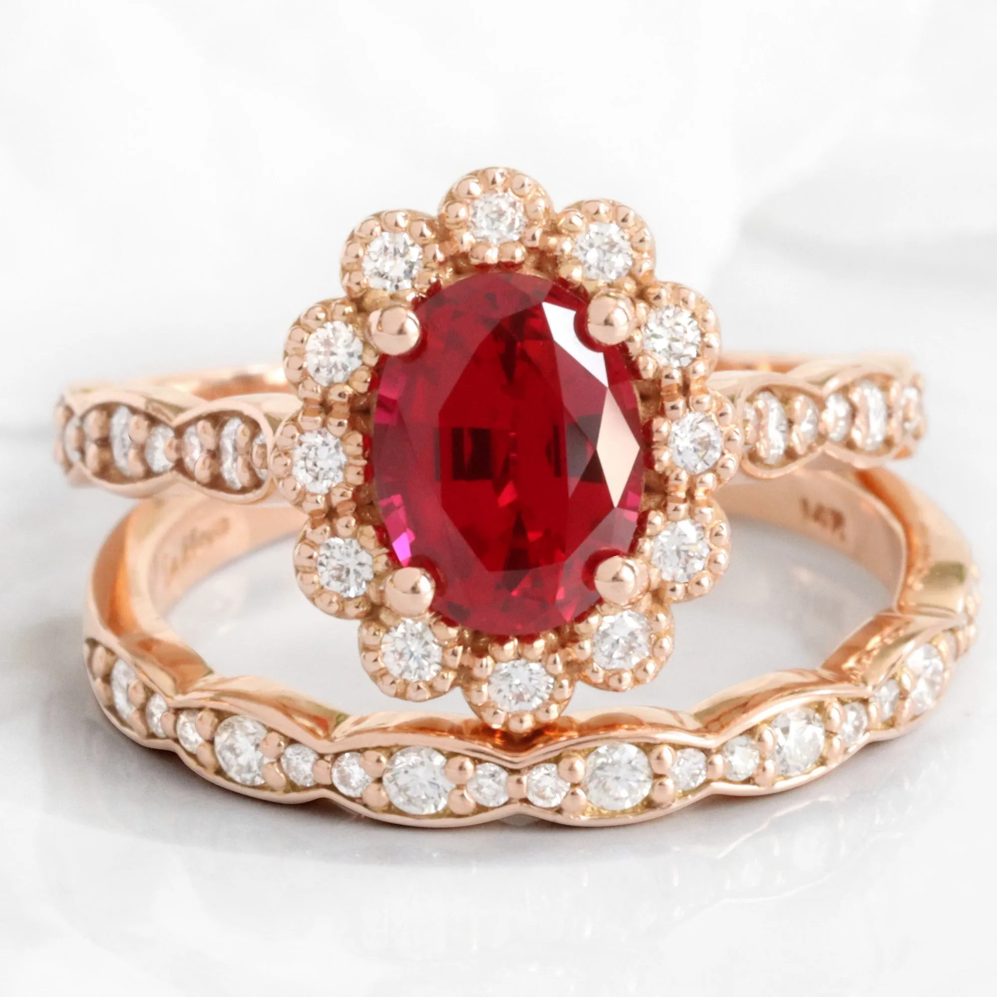 Oval Ruby Engagement Ring in Vintage Luna Halo Diamond Ring