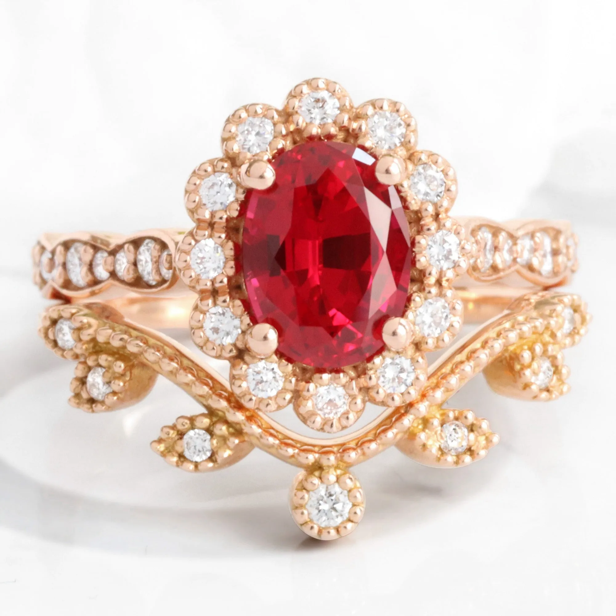 Oval Ruby Engagement Ring in Vintage Luna Halo Diamond Ring