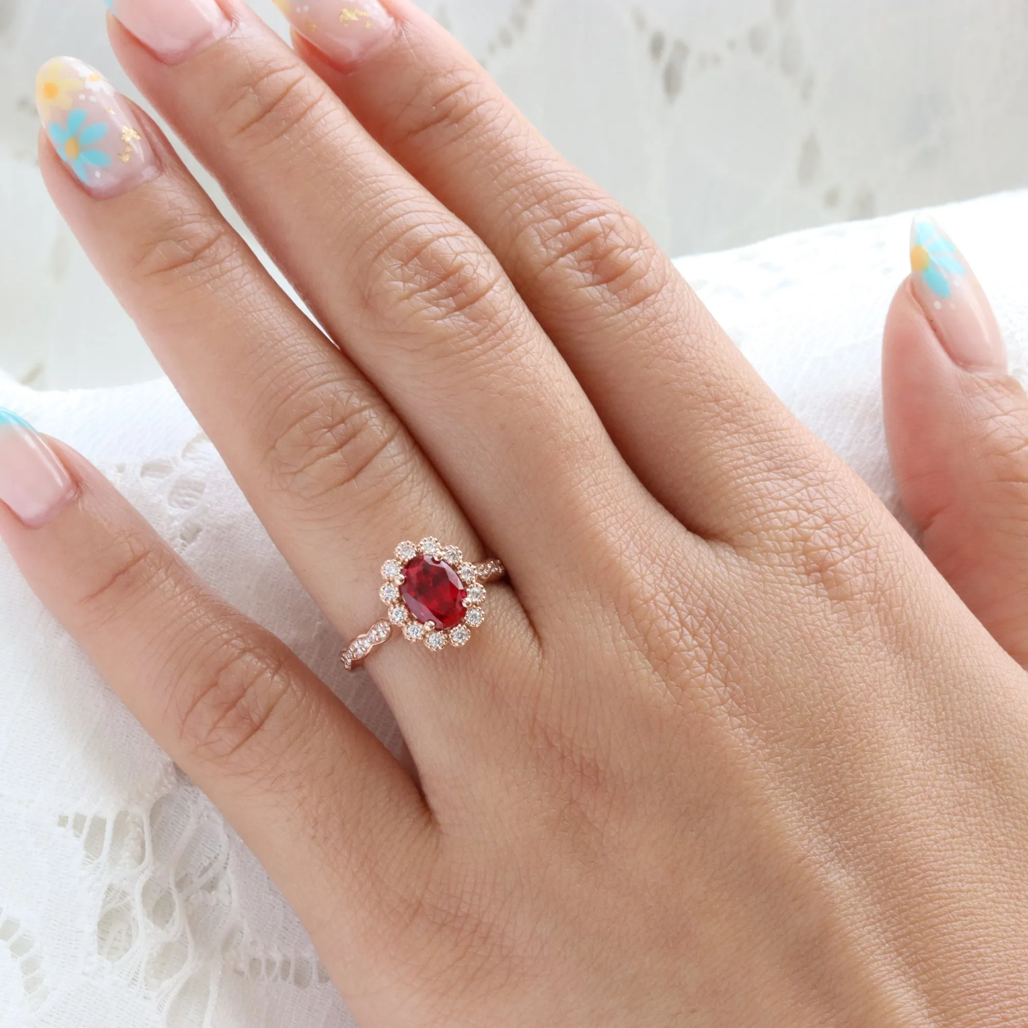 Oval Ruby Engagement Ring in Vintage Luna Halo Diamond Ring