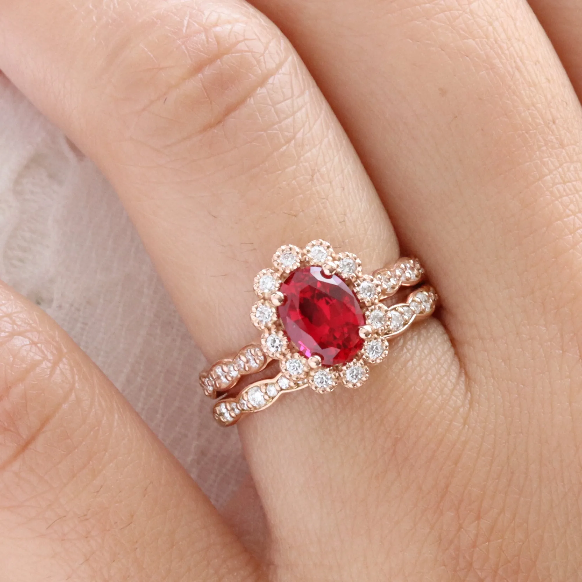 Oval Ruby Engagement Ring in Vintage Luna Halo Diamond Ring