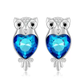 Owl Heart Shape Blue Zircon Silver Stud Earrings