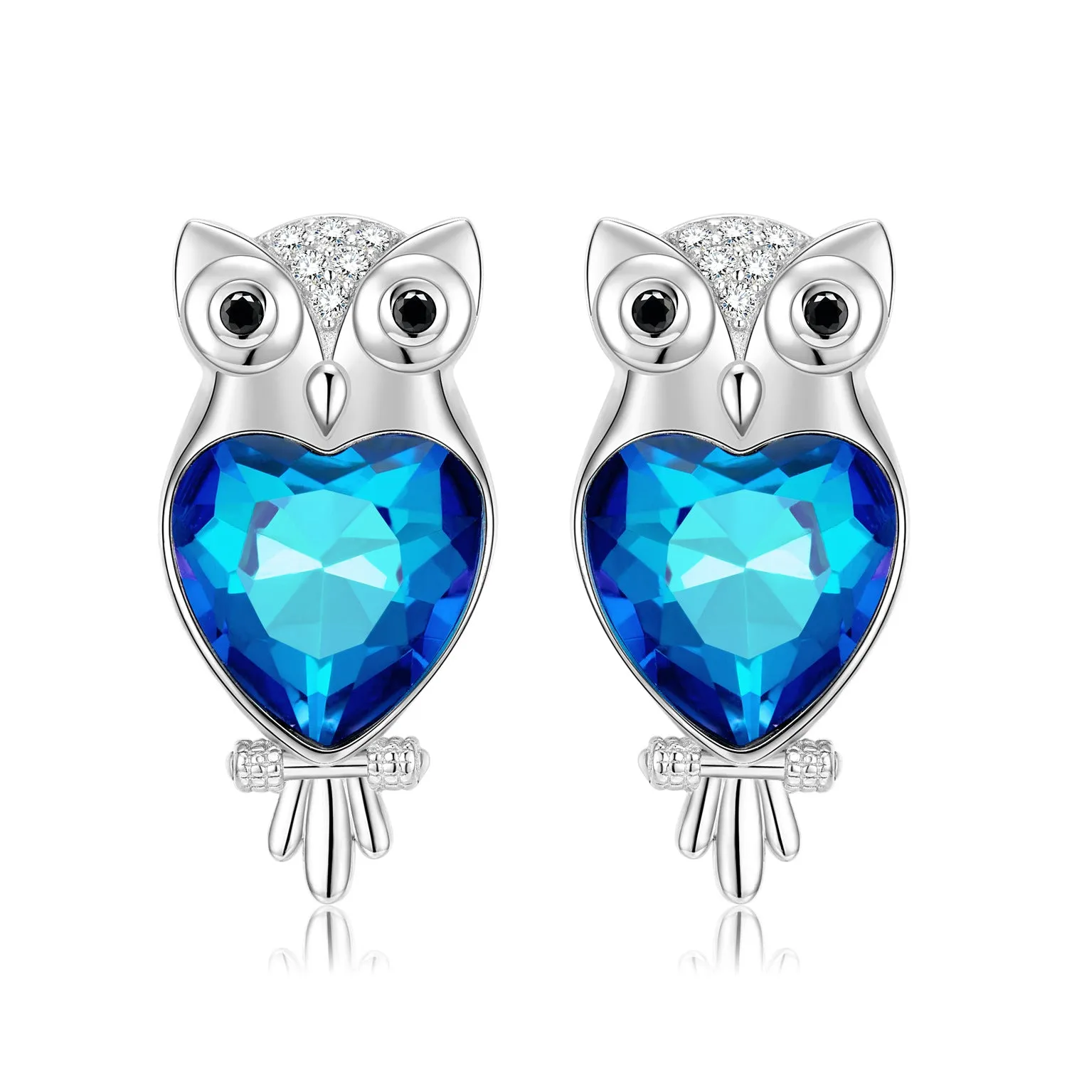 Owl Heart Shape Blue Zircon Silver Stud Earrings