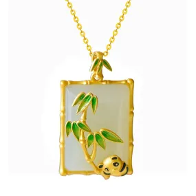 Panda Bear Jade Enamel Bamboo Leaf Pendant Necklace