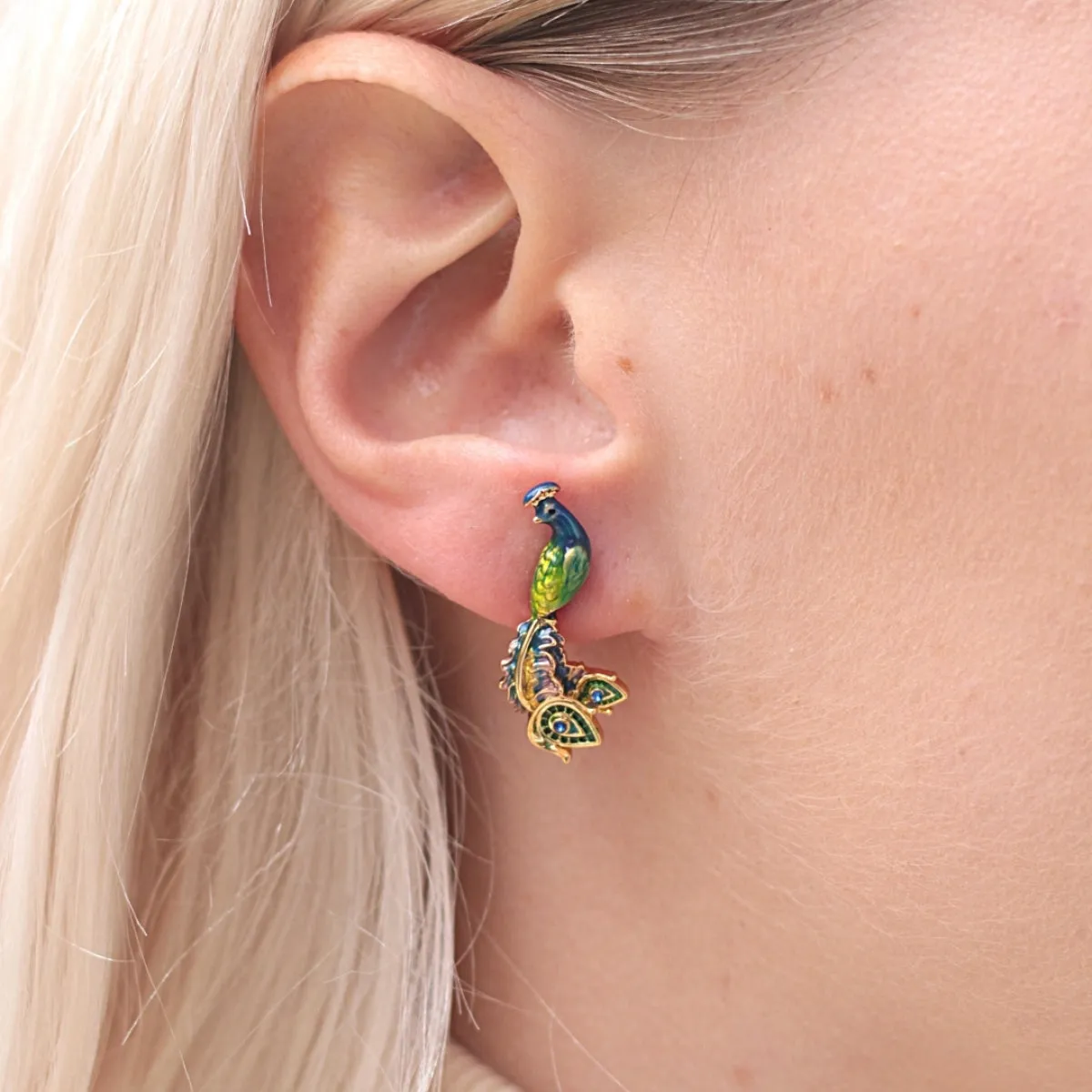 Peacock earrings by Bill Skinner