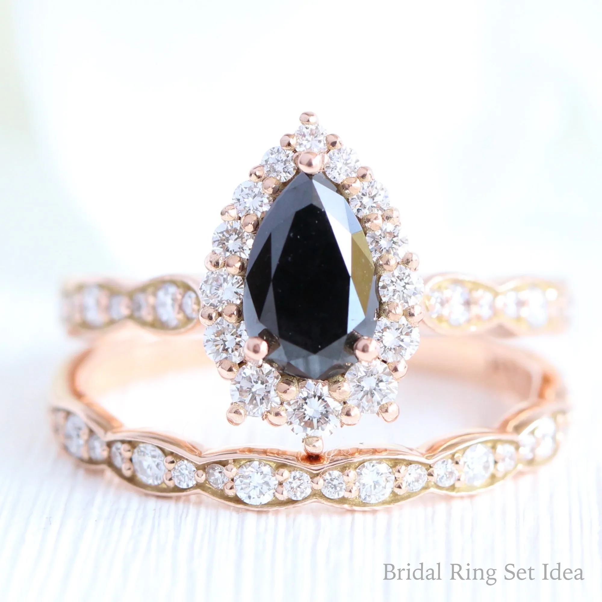 Pear Black Diamond Engagement Ring in Tiara Halo Diamond Scalloped Band