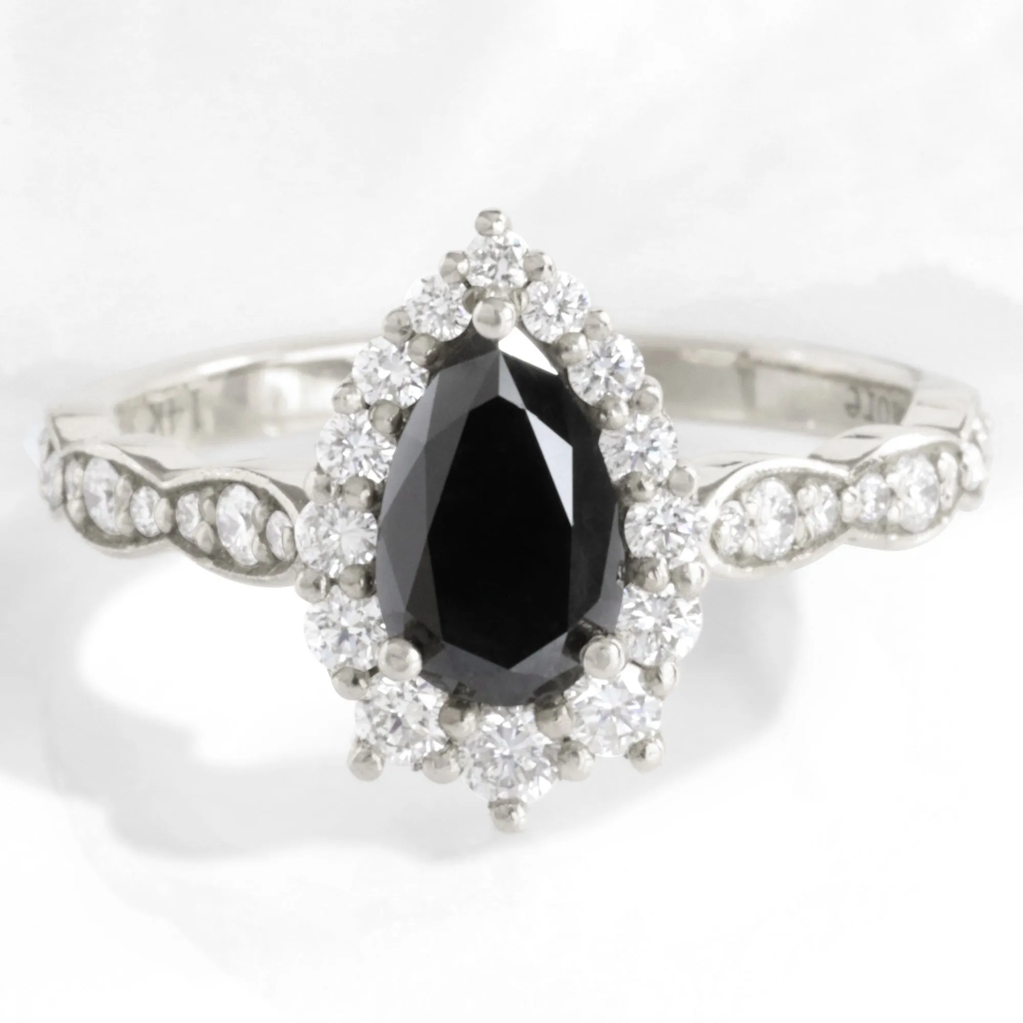 Pear Black Diamond Engagement Ring in Tiara Halo Diamond Scalloped Band