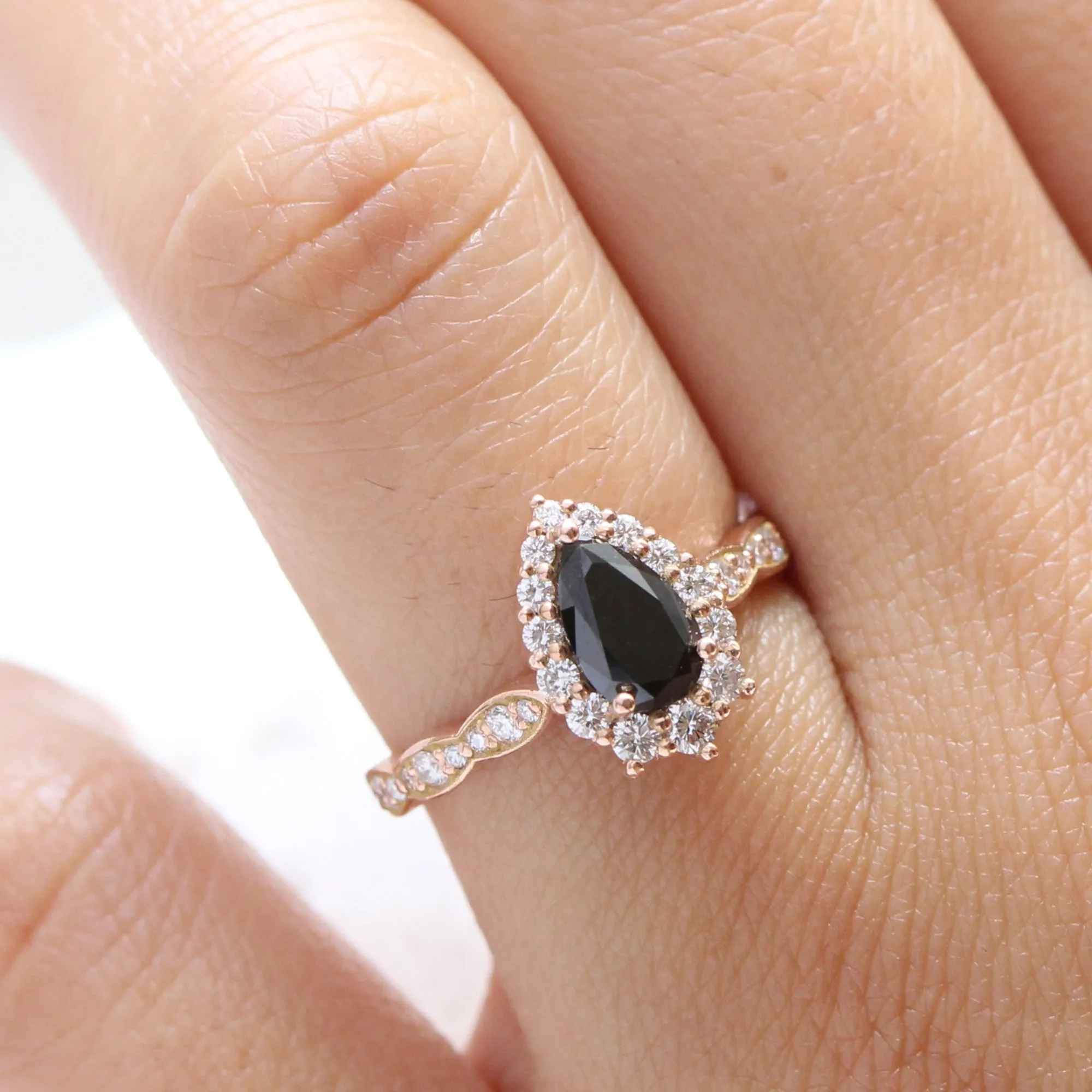 Pear Black Diamond Engagement Ring in Tiara Halo Diamond Scalloped Band