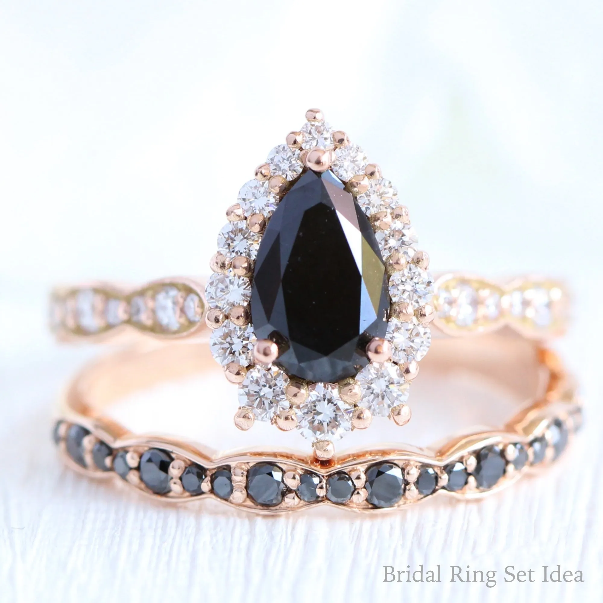 Pear Black Diamond Engagement Ring in Tiara Halo Diamond Scalloped Band