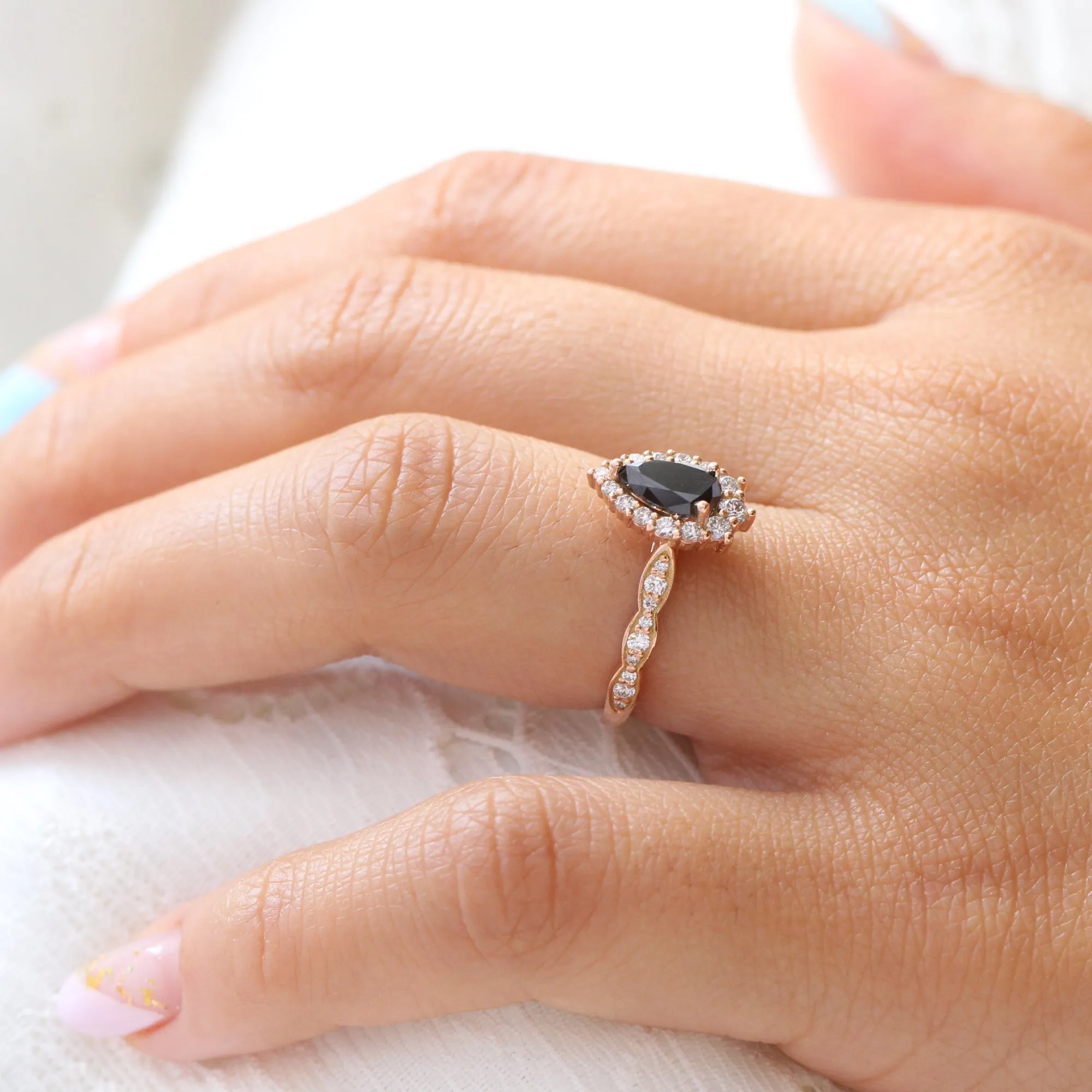 Pear Black Diamond Engagement Ring in Tiara Halo Diamond Scalloped Band