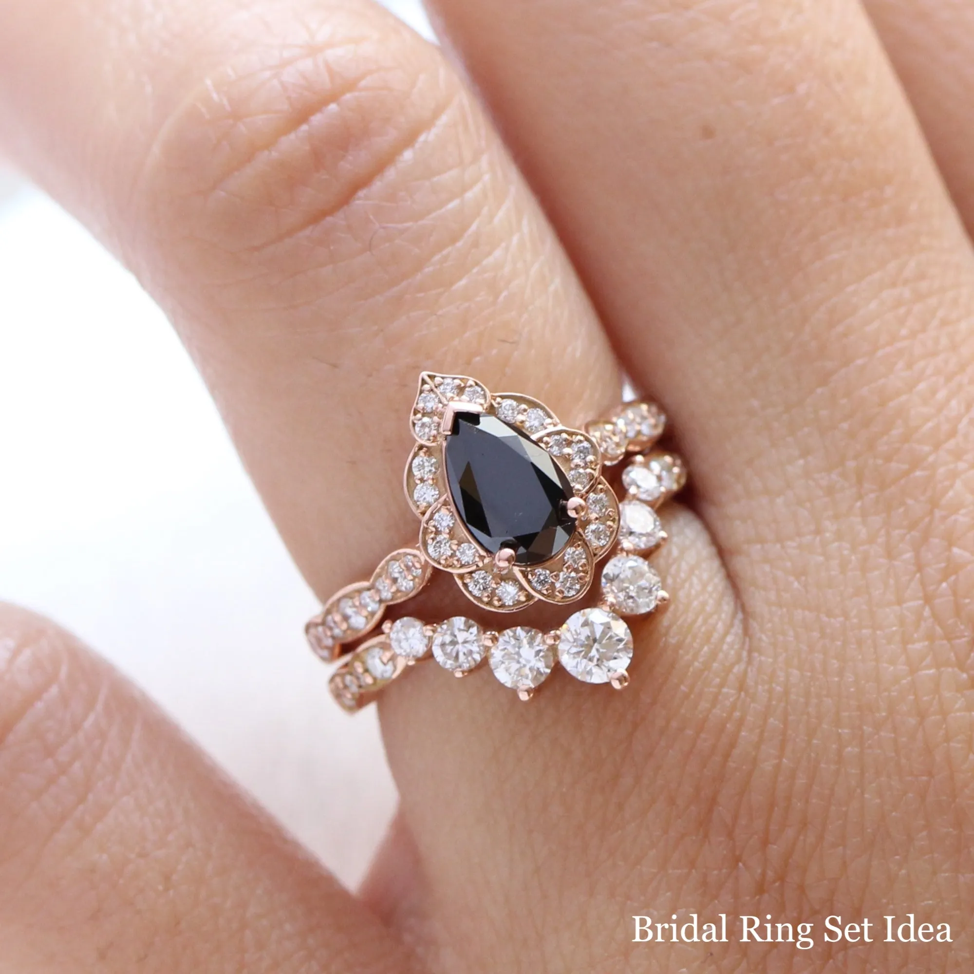 Pear Black Diamond Engagement Ring in Vintage Floral Scalloped Band