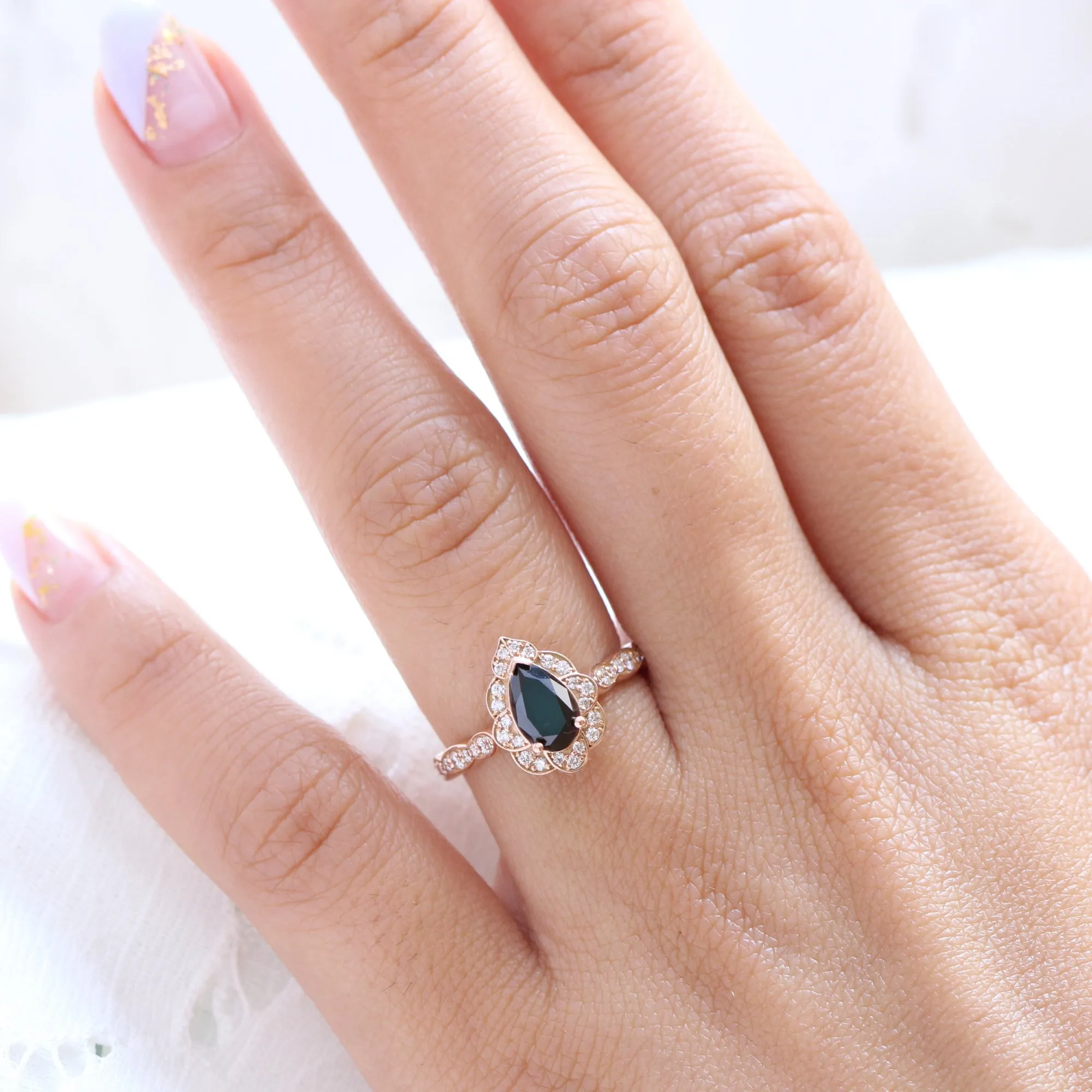 Pear Black Diamond Engagement Ring in Vintage Floral Scalloped Band