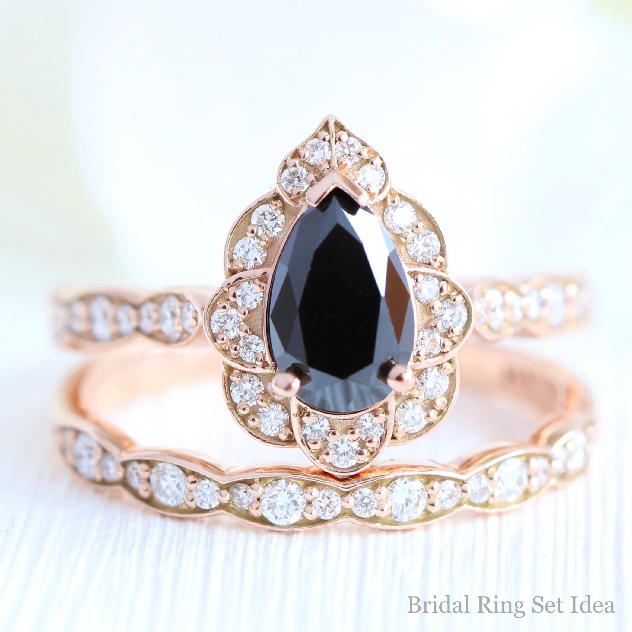 Pear Black Diamond Engagement Ring in Vintage Floral Scalloped Band