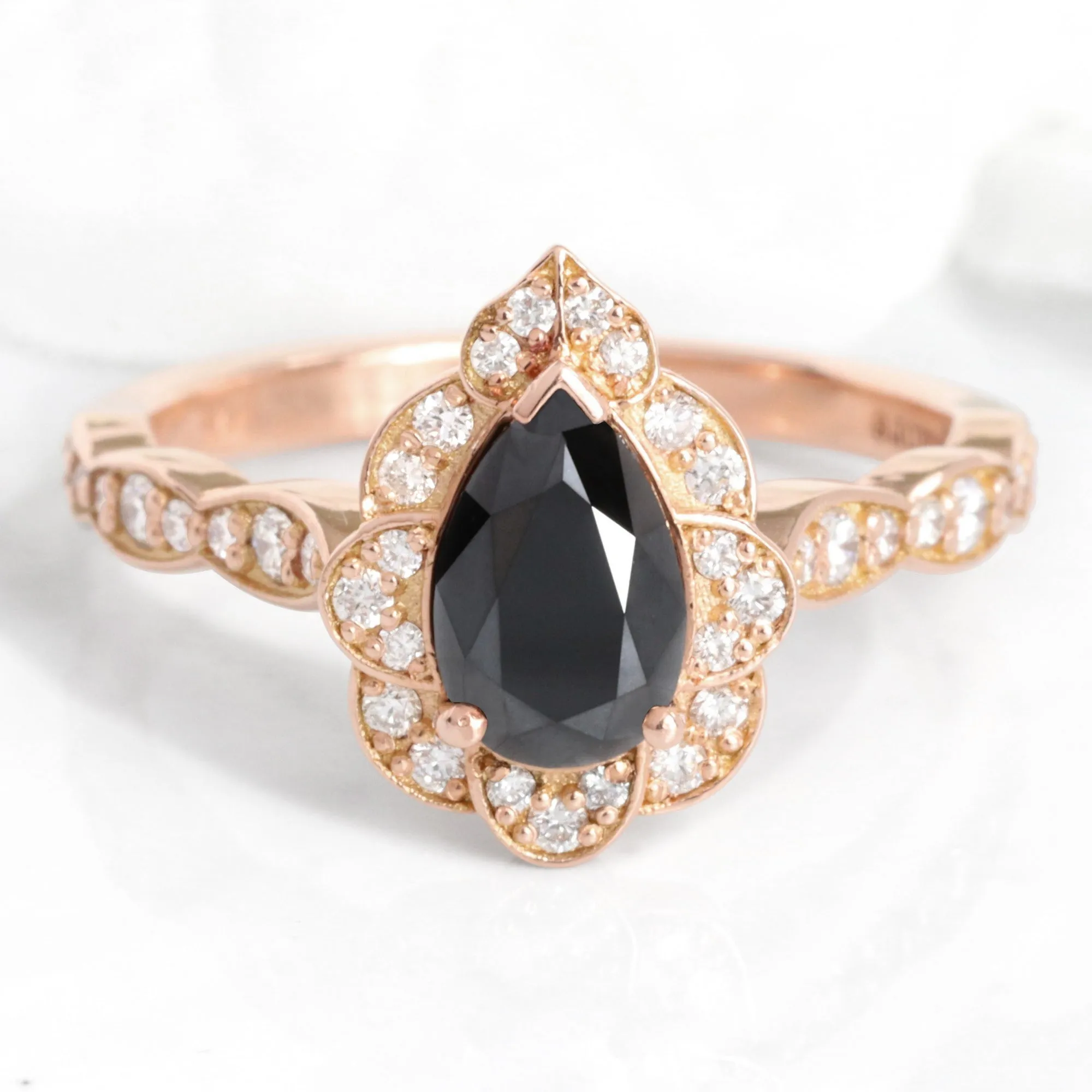 Pear Black Diamond Engagement Ring in Vintage Floral Scalloped Band