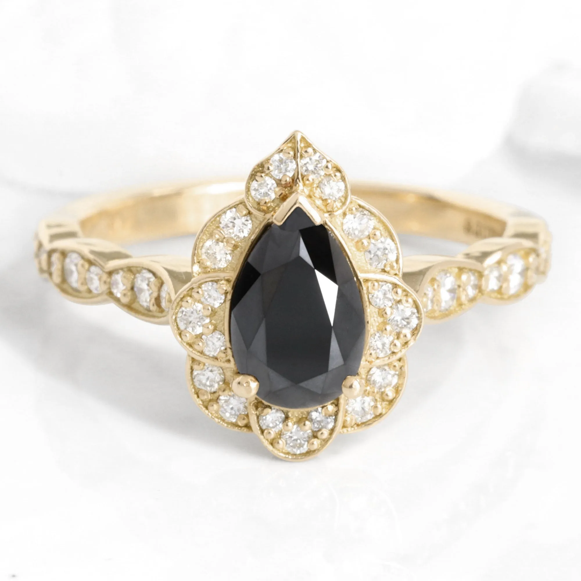 Pear Black Diamond Engagement Ring in Vintage Floral Scalloped Band