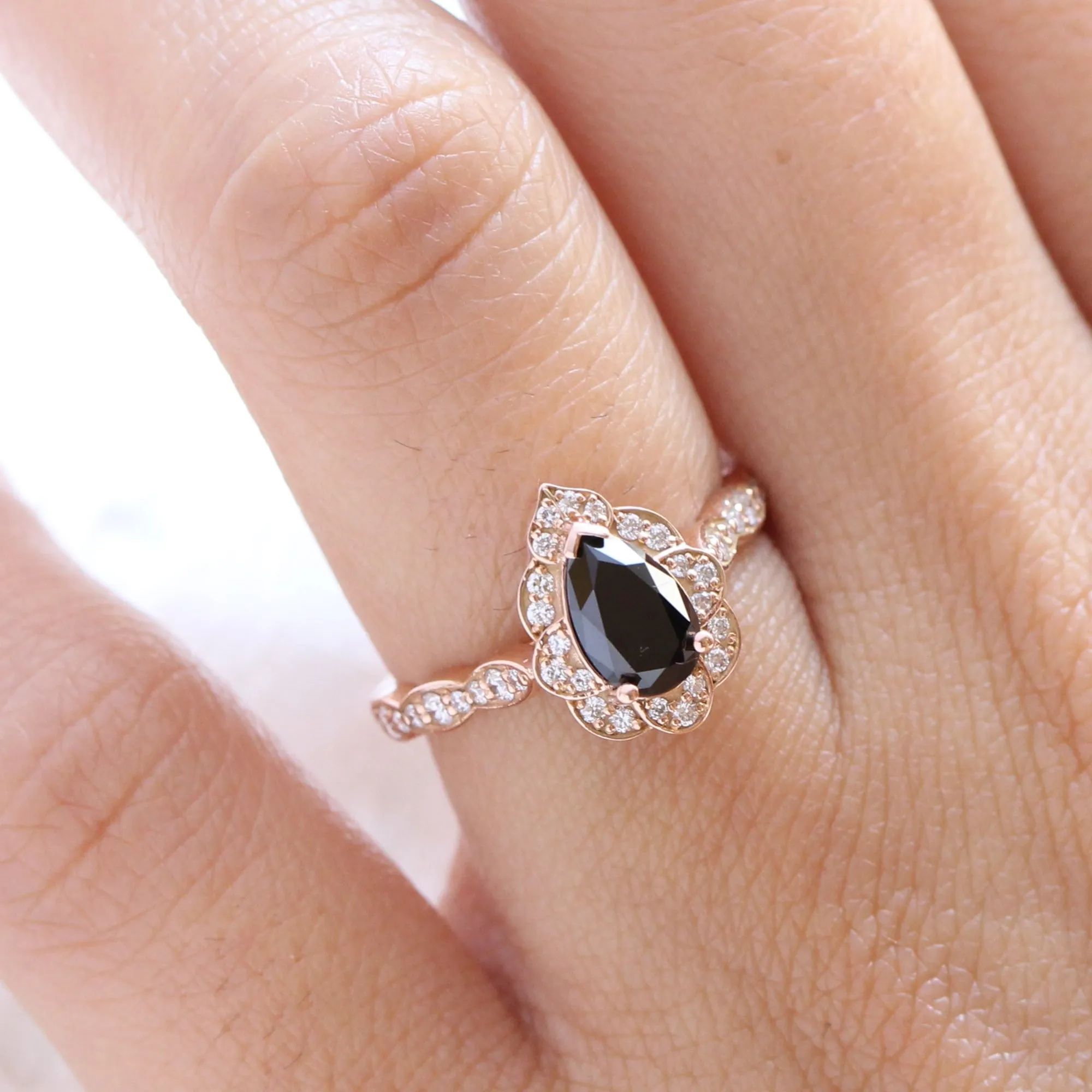 Pear Black Diamond Engagement Ring in Vintage Floral Scalloped Band