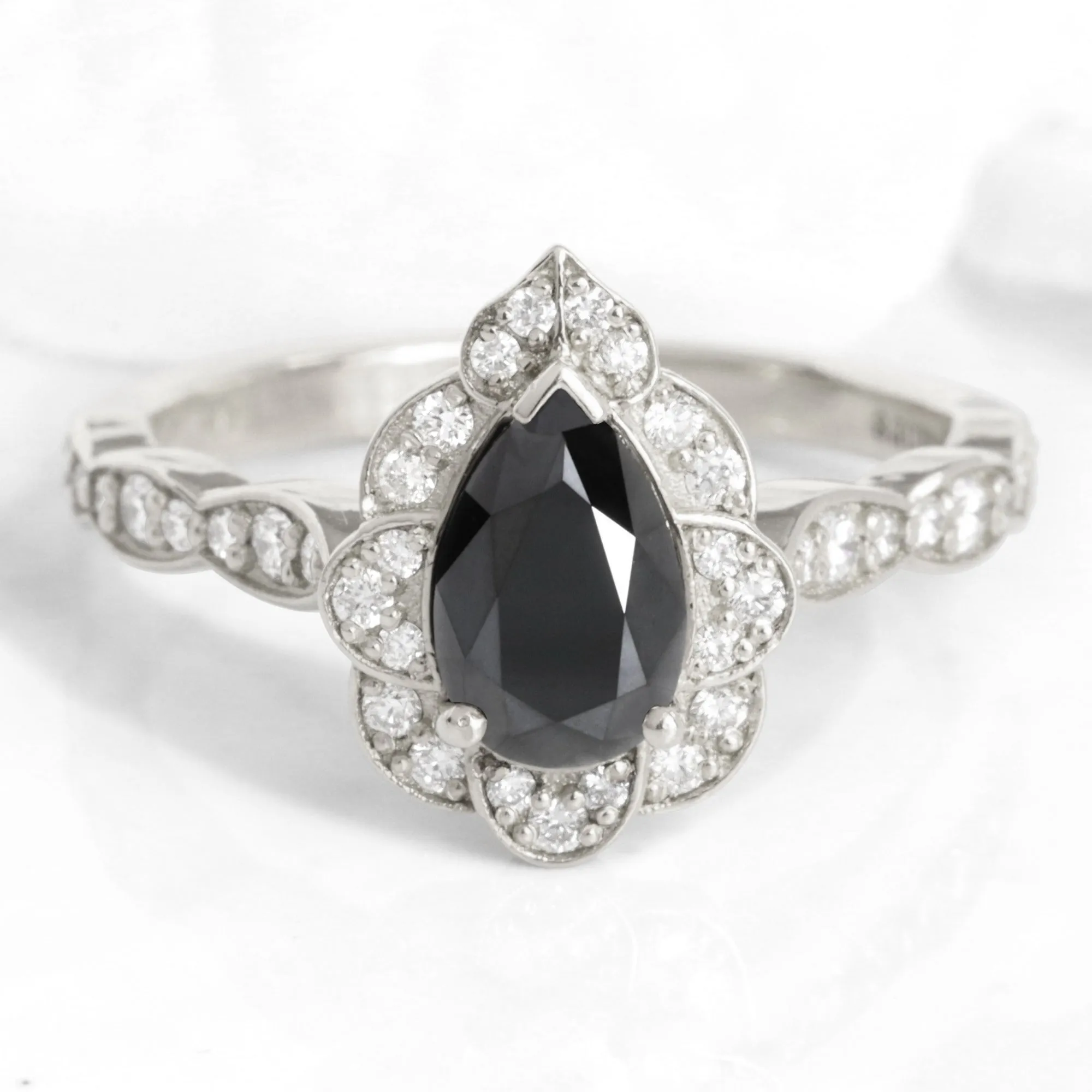 Pear Black Diamond Engagement Ring in Vintage Floral Scalloped Band