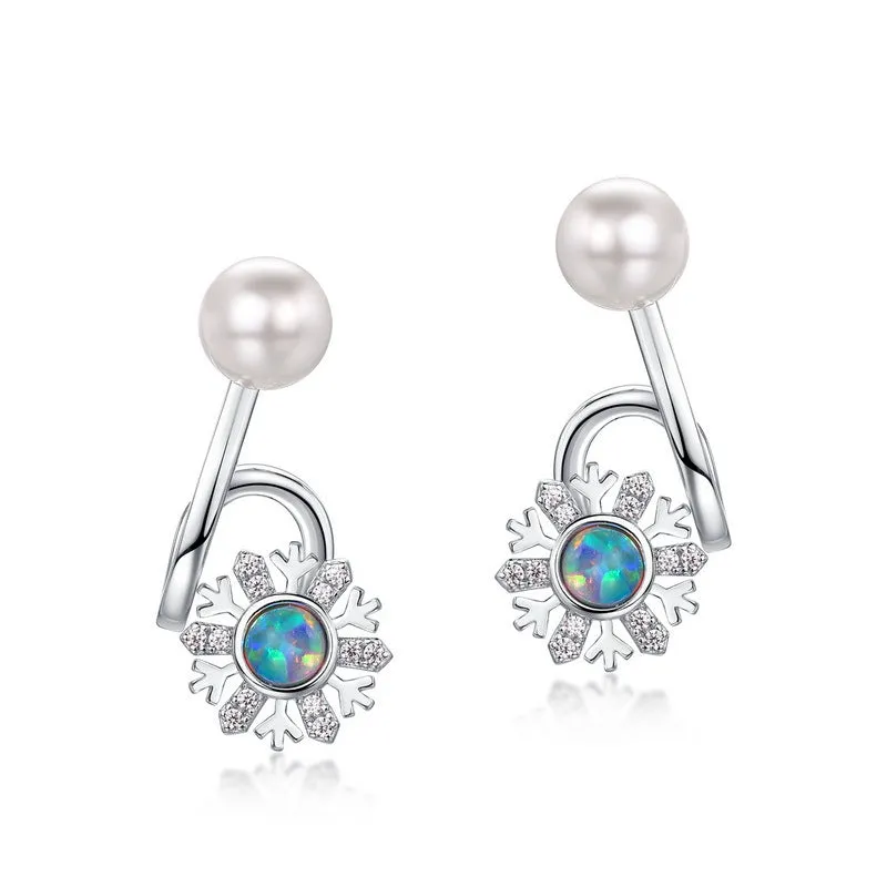 Pearl Blue Opal Snowflake Earrings