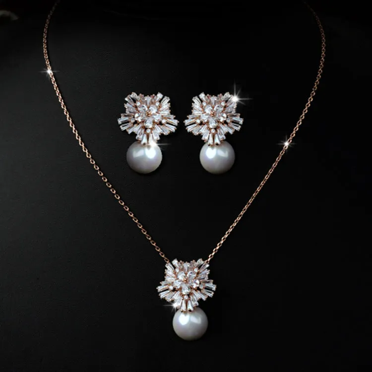 pearl necklace earrings set with zircon