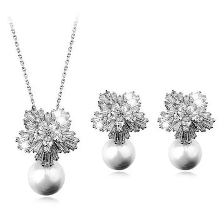 pearl necklace earrings set with zircon