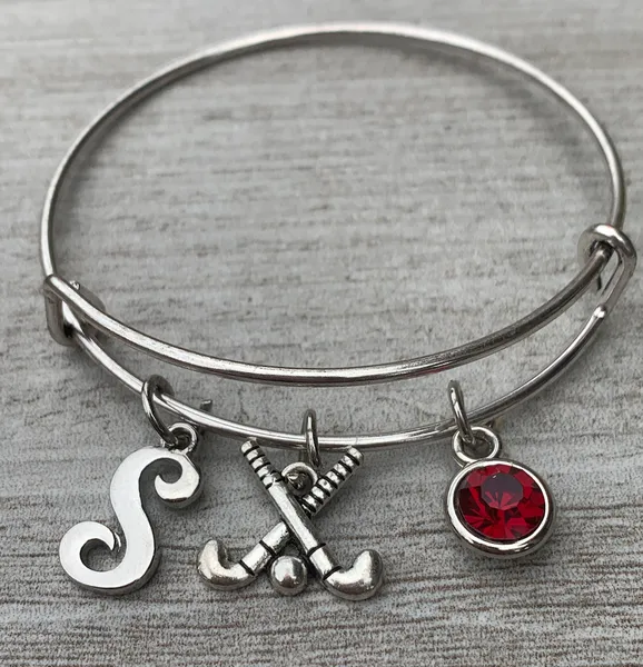 Personalized Field Hockey Bangle - Letter & Birthstone Charm