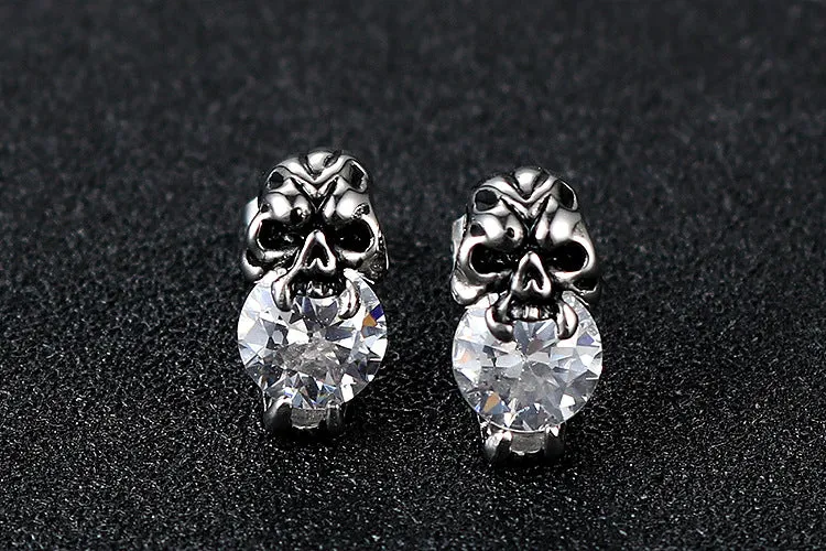 Punk-Inspired Zircon Skull Titanium Steel Stud Earrings for Men